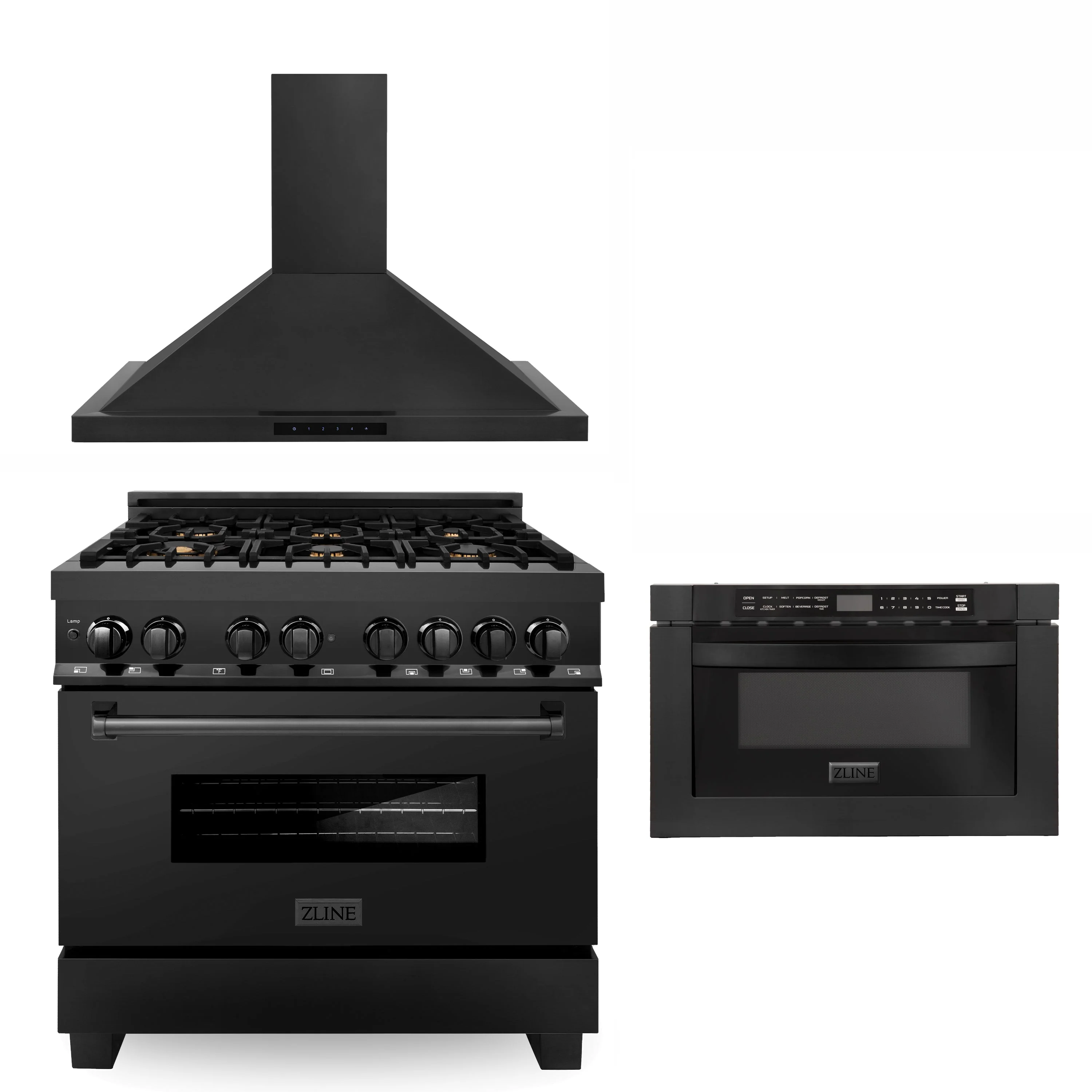 ZLINE 36 in. Kitchen Package with Black Stainless Steel Dual Fuel Range, Convertible Vent Range Hood and Microwave Drawer (3KP-RABRH36-MW)