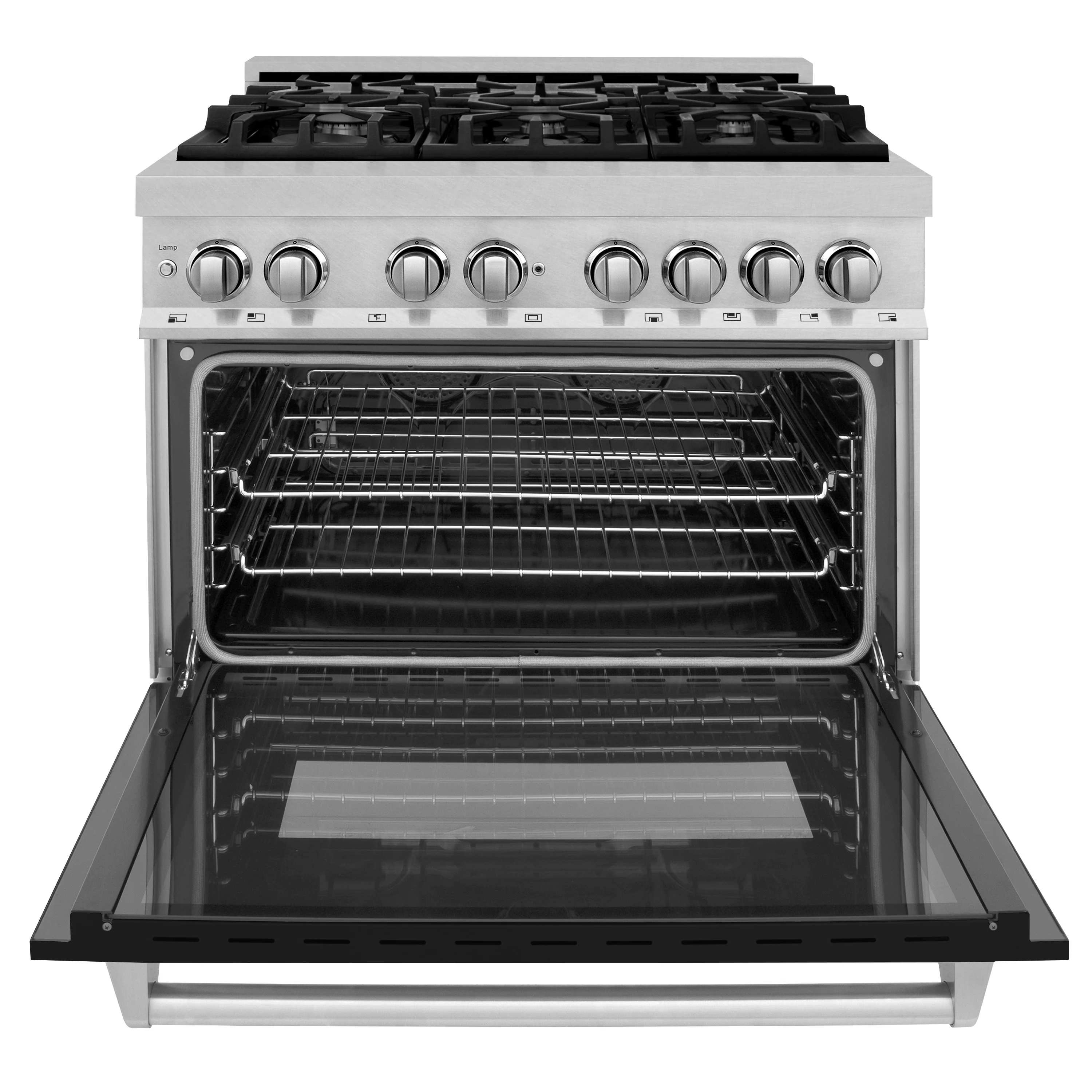 ZLINE 36 in. 4.6 cu. ft. Legacy Dual Fuel Range with 6 Burner Gas Cooktop and Electric Convection Oven in Satin Stainless Steel and Black Matte Door (RAS-BLM-36) - Image 4