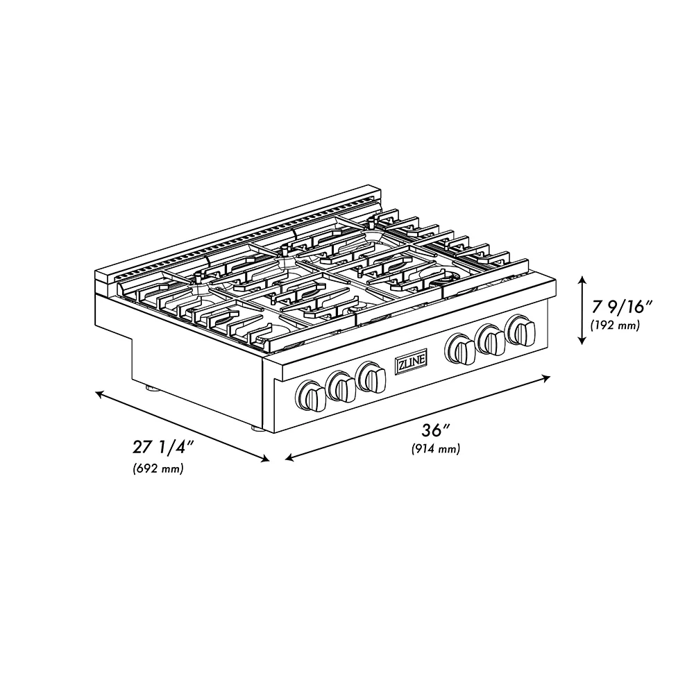 ZLINE 36 in. Paramount Gas Rangetop with 6 Burners and Porcelain Cooktop in Black Satin Stainless Steel (SRTBS-36) - Image 10