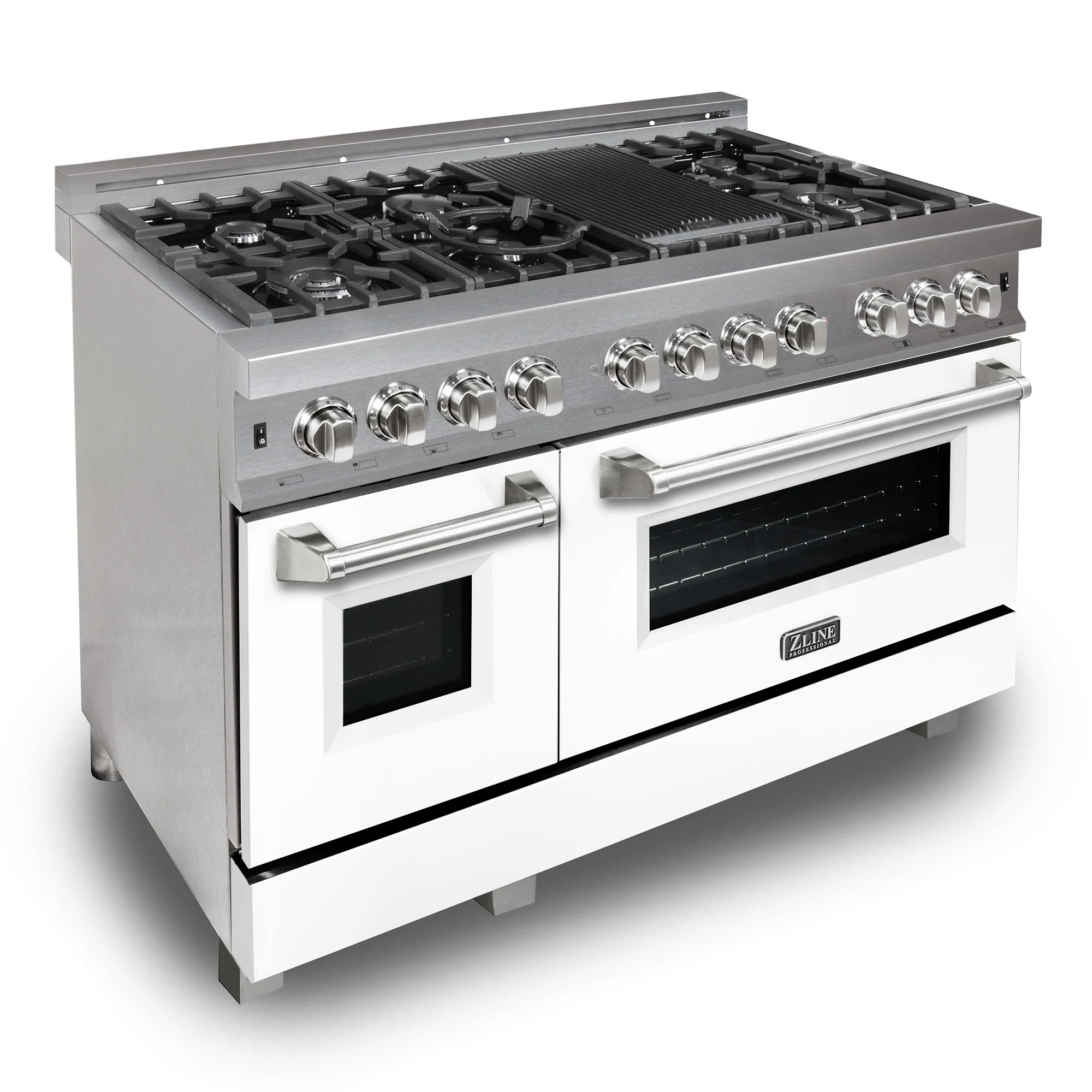ZLINE 48 in. 6.0 cu. ft. Legacy Dual Fuel Range with 7 Burner Gas Cooktop and 2 Electric Ovens in Satin Stainless Steel with White Matte Doors and Griddle (RAS-WM-GR-48) - Image 2