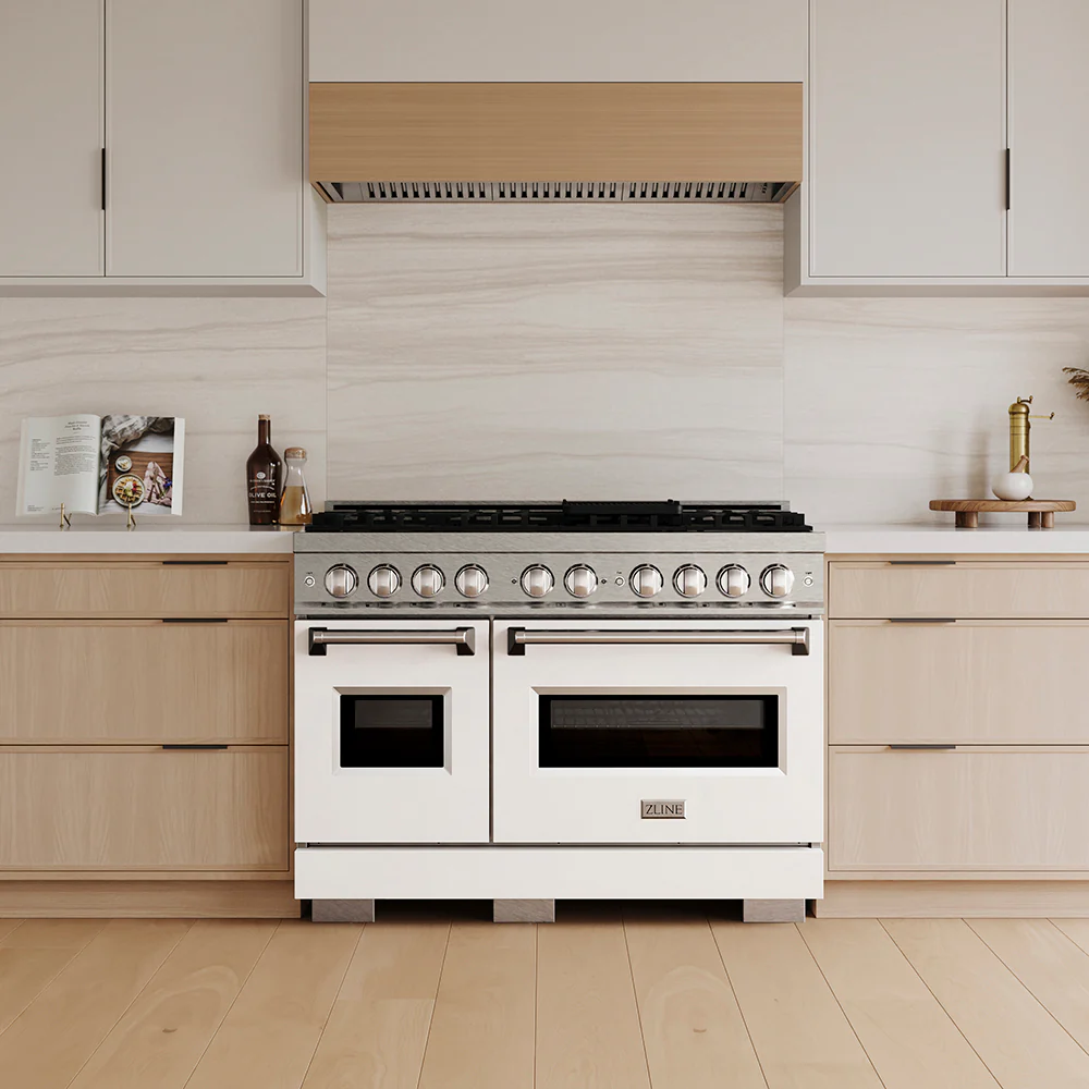ZLINE 48 in. 6.7 cu. ft. Classic Gas Range with 8 Burner DuoPro™ Cooktop and Dual Ovens in Satin Stainless Steel with White Matte Doors (PCGRS-WM-48) - Image 6