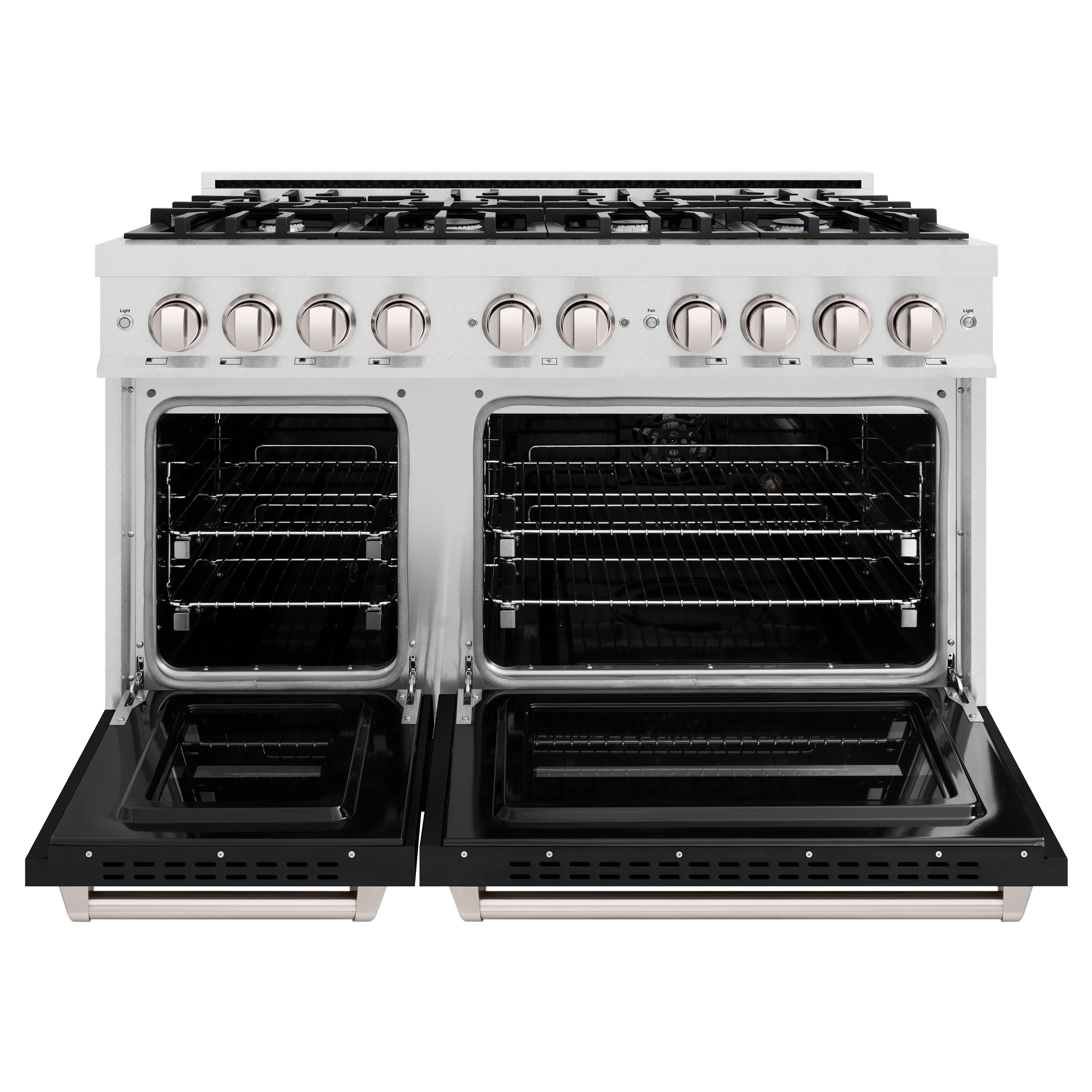 ZLINE 48 in. 6.7 cu. ft. Classic Double Oven Gas Range with 8 Burner Cooktop in Satin Stainless Steel with Black Matte Doors (CGRS-BLM-48) - Image 4
