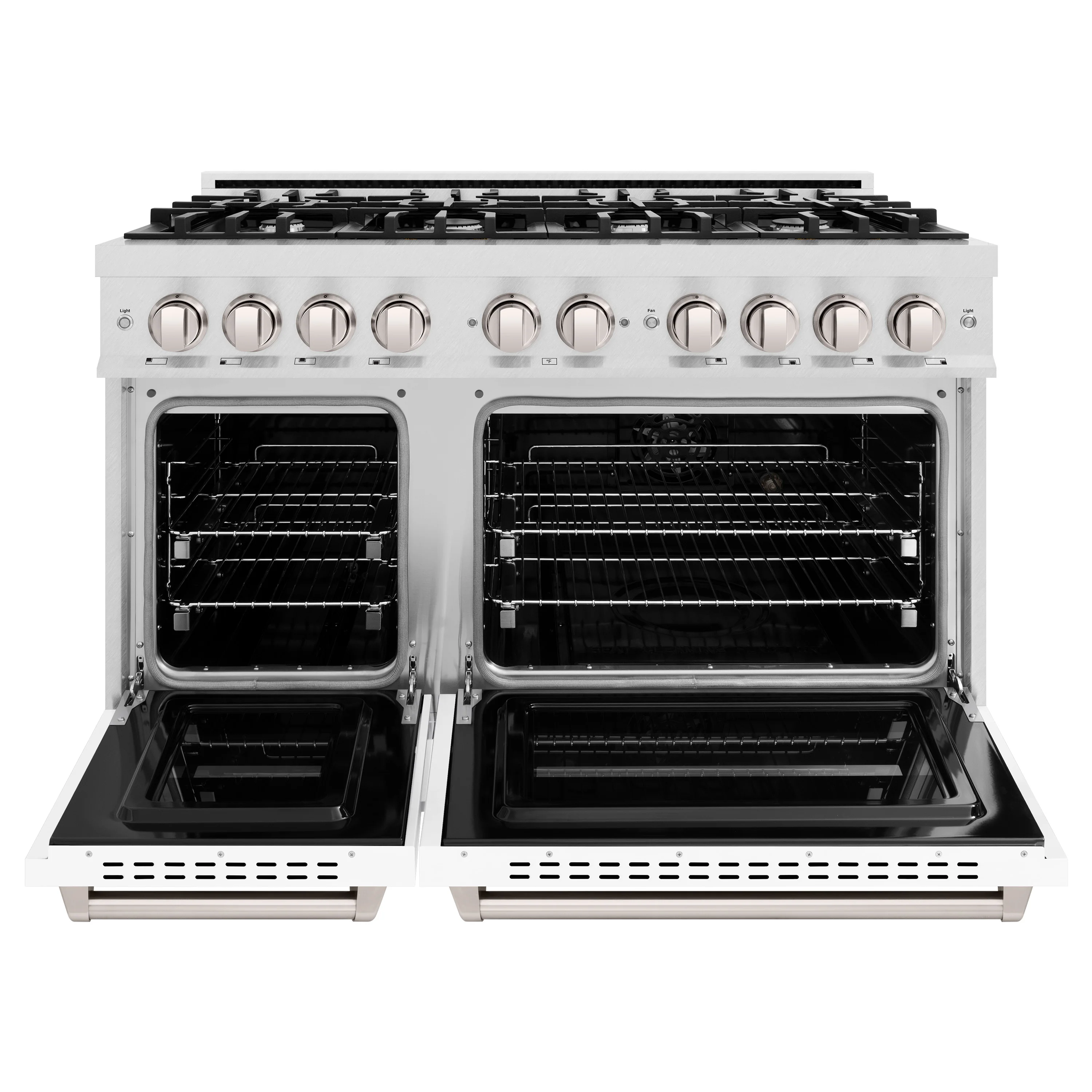 ZLINE 48 in. 6.7 cu. ft. Classic Double Oven Gas Range with 8 Burner Cooktop in Satin Stainless Steel with White Matte Doors (CGRS-WM-48) - Image 4