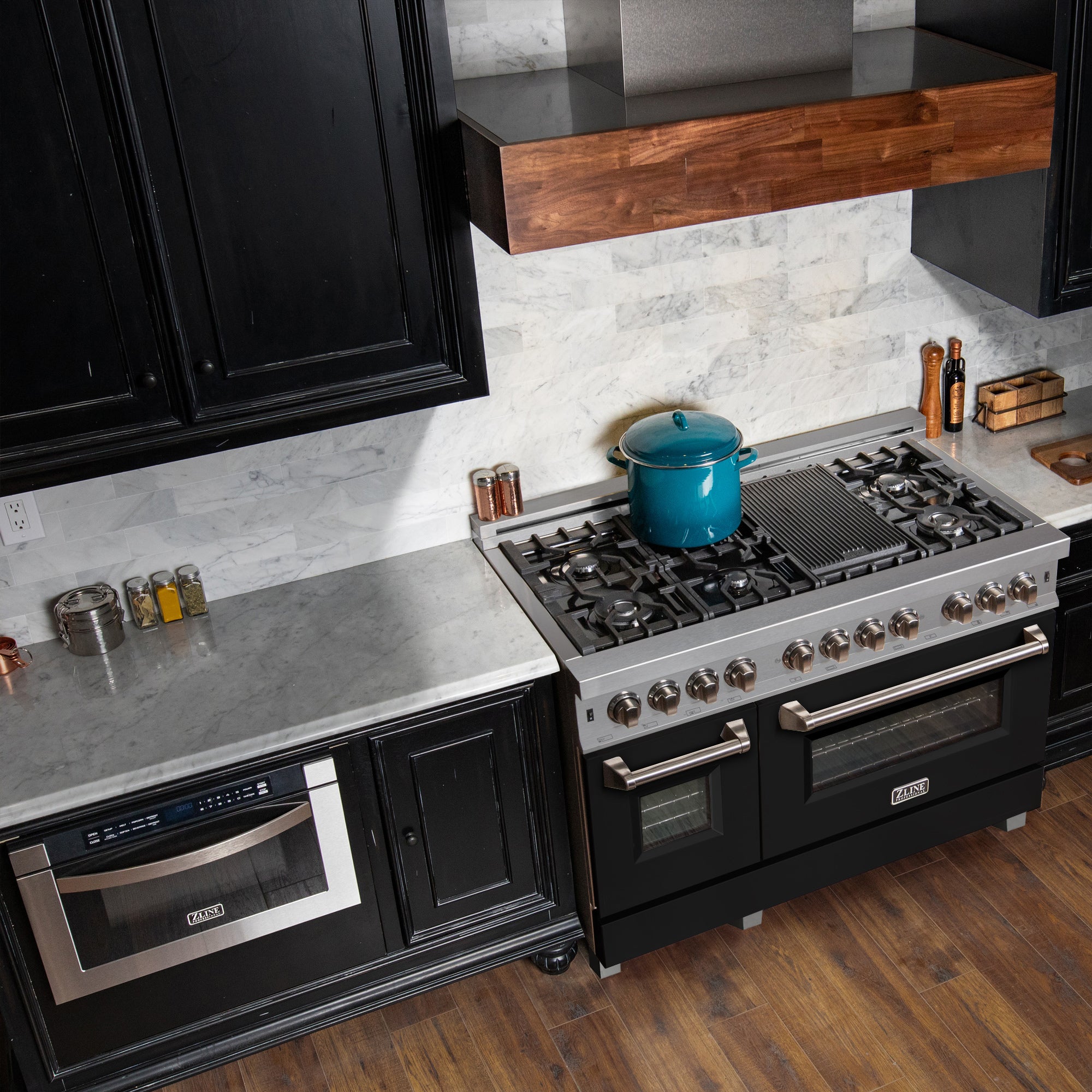 ZLINE 48 in. 6.0 cu. ft. Legacy Dual Fuel Range with 7 Burner Gas Cooktop and 2 Electric Ovens in Satin Stainless Steel and Black Matte Doors (RAS-BLM-48) - Image 2