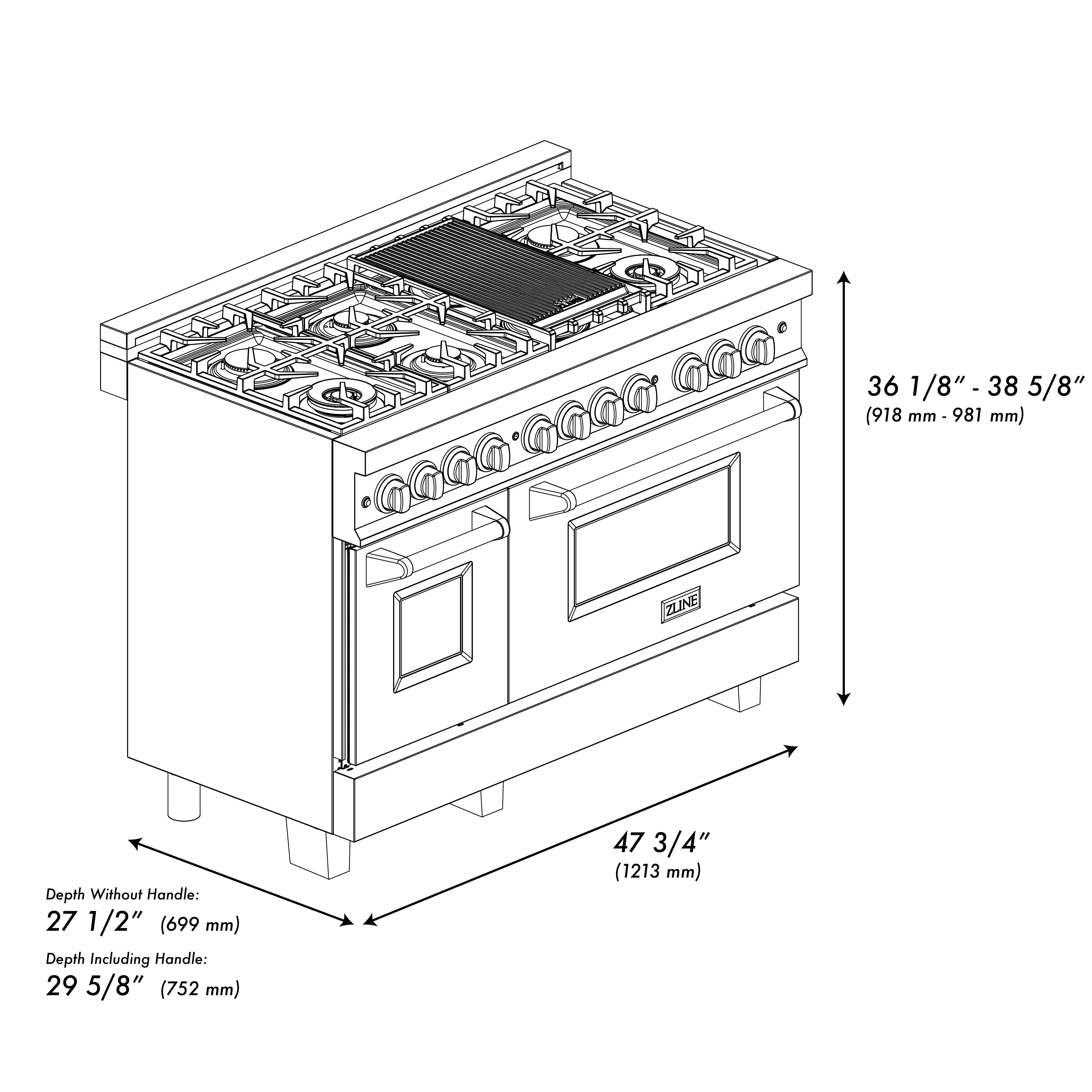 ZLINE 48 in. 6.0 cu. ft. Legacy Dual Fuel Range with 7 Burner Gas Cooktop and 2 Electric Ovens in Satin Stainless Steel and Black Matte Doors (RAS-BLM-48) - Image 6
