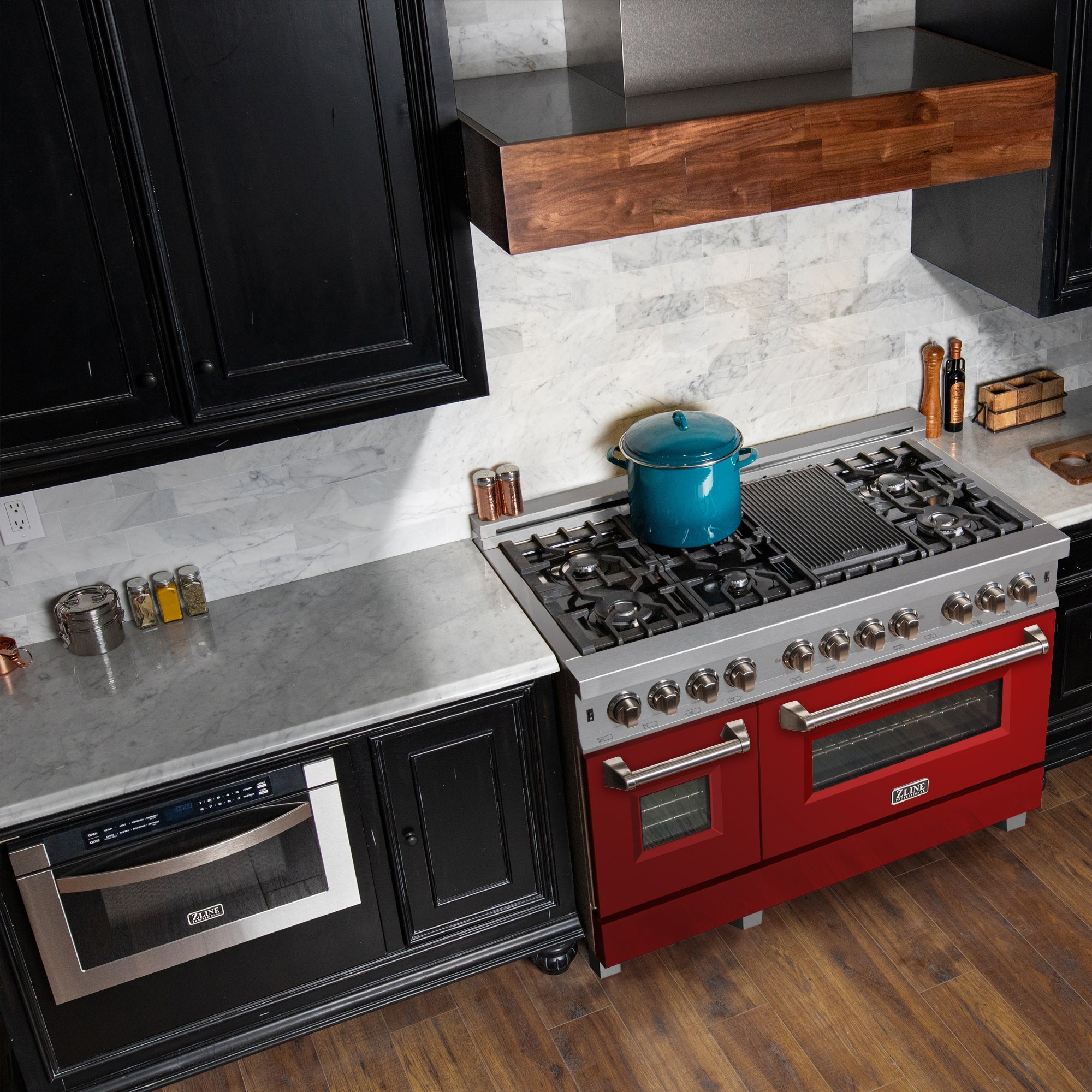 ZLINE 48 in. 6.0 cu. ft. Legacy Dual Fuel Range with 7 Burner Gas Cooktop and 2 Electric Ovens in Satin Stainless Steel and Red Gloss Doors (RAS-RG-48) - Image 2