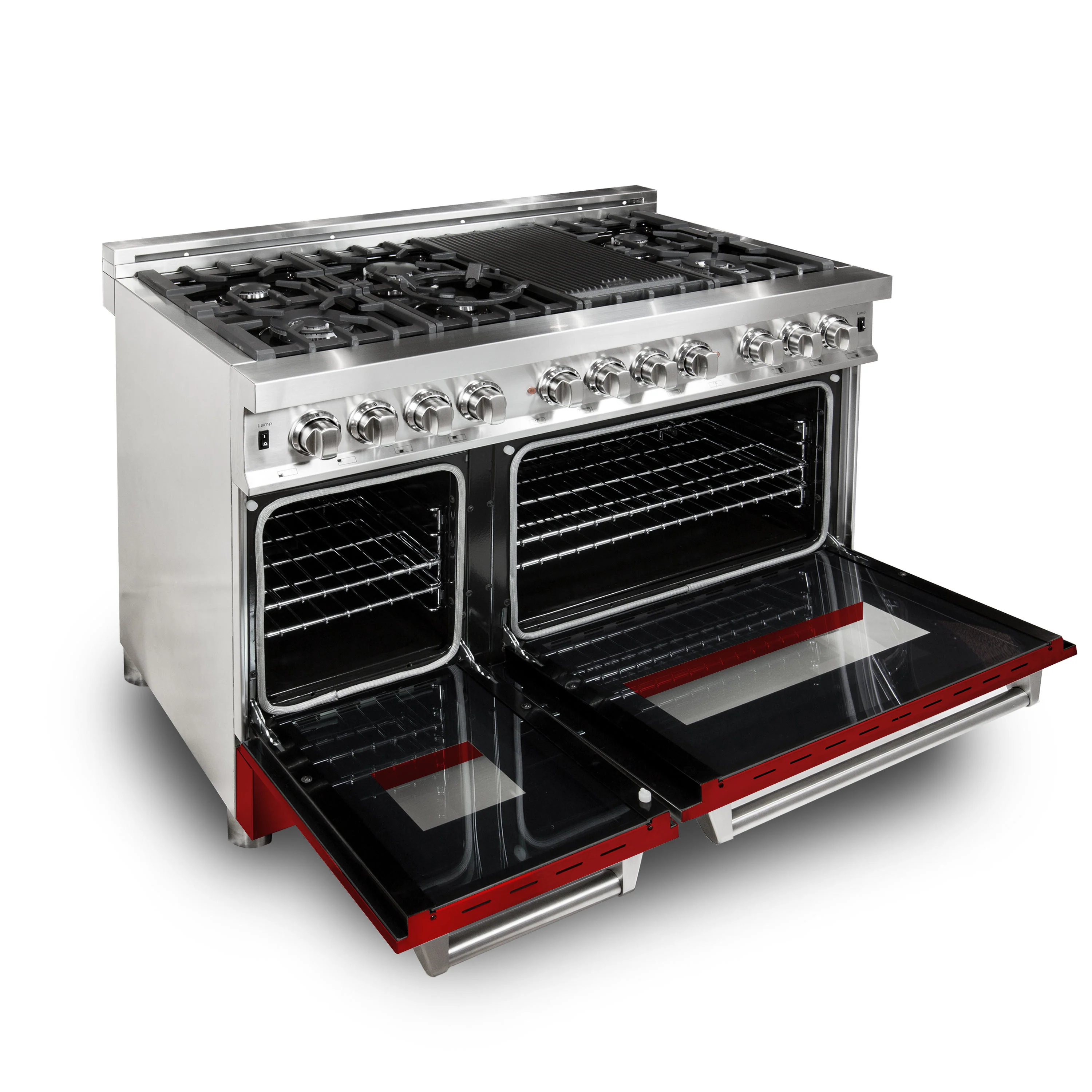 ZLINE 48 in. 6.0 cu. ft. Legacy Dual Fuel Range with 7 Burner Gas Cooktop and 2 Electric Ovens in Stainless Steel and Red Gloss Doors (RA-RG-48) - Image 3