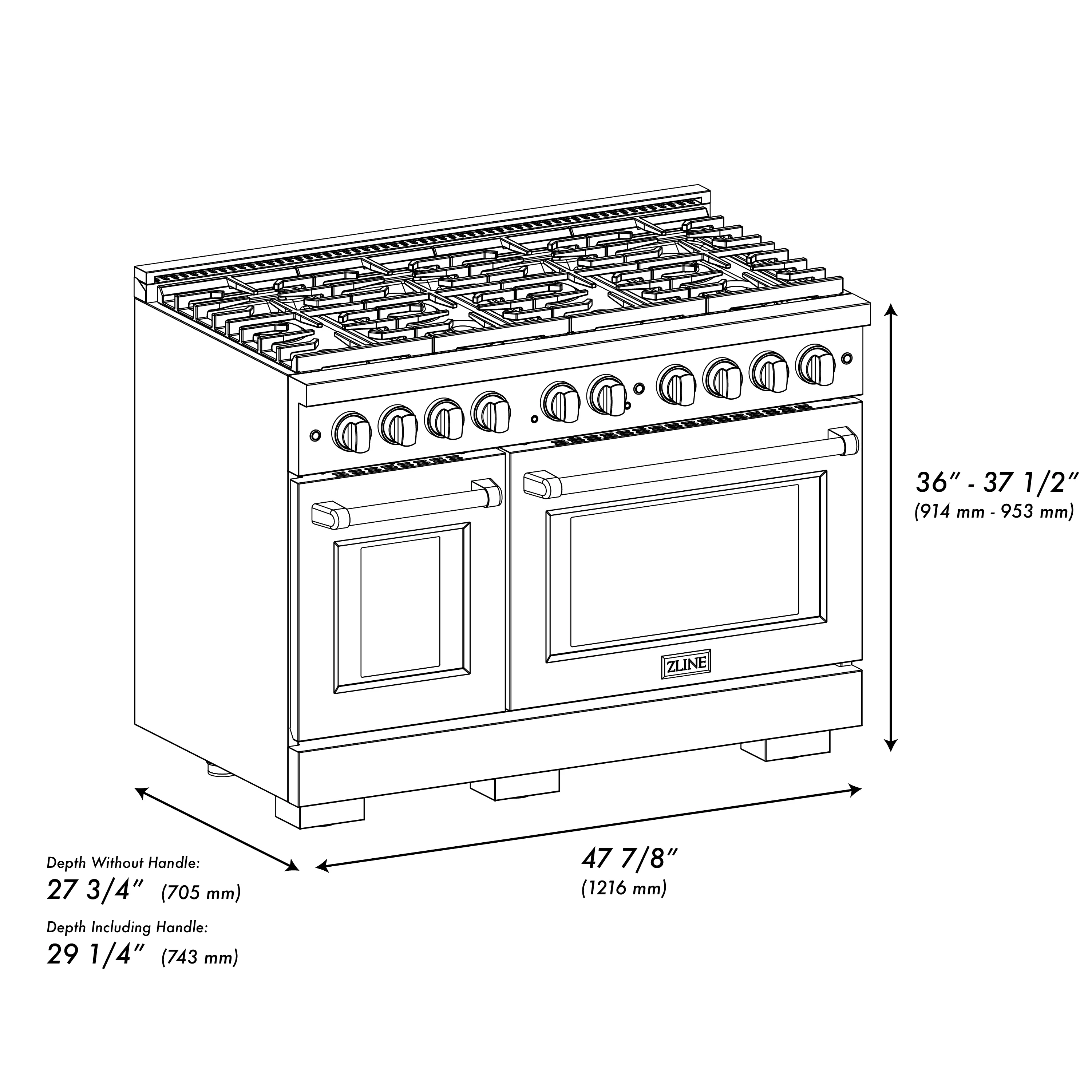 ZLINE 48 in. 6.7 cu. ft. Paramount Double Oven Gas Range in Black Stainless Steel with 8 Brass Burners (SGRB-BR-48) - Image 9