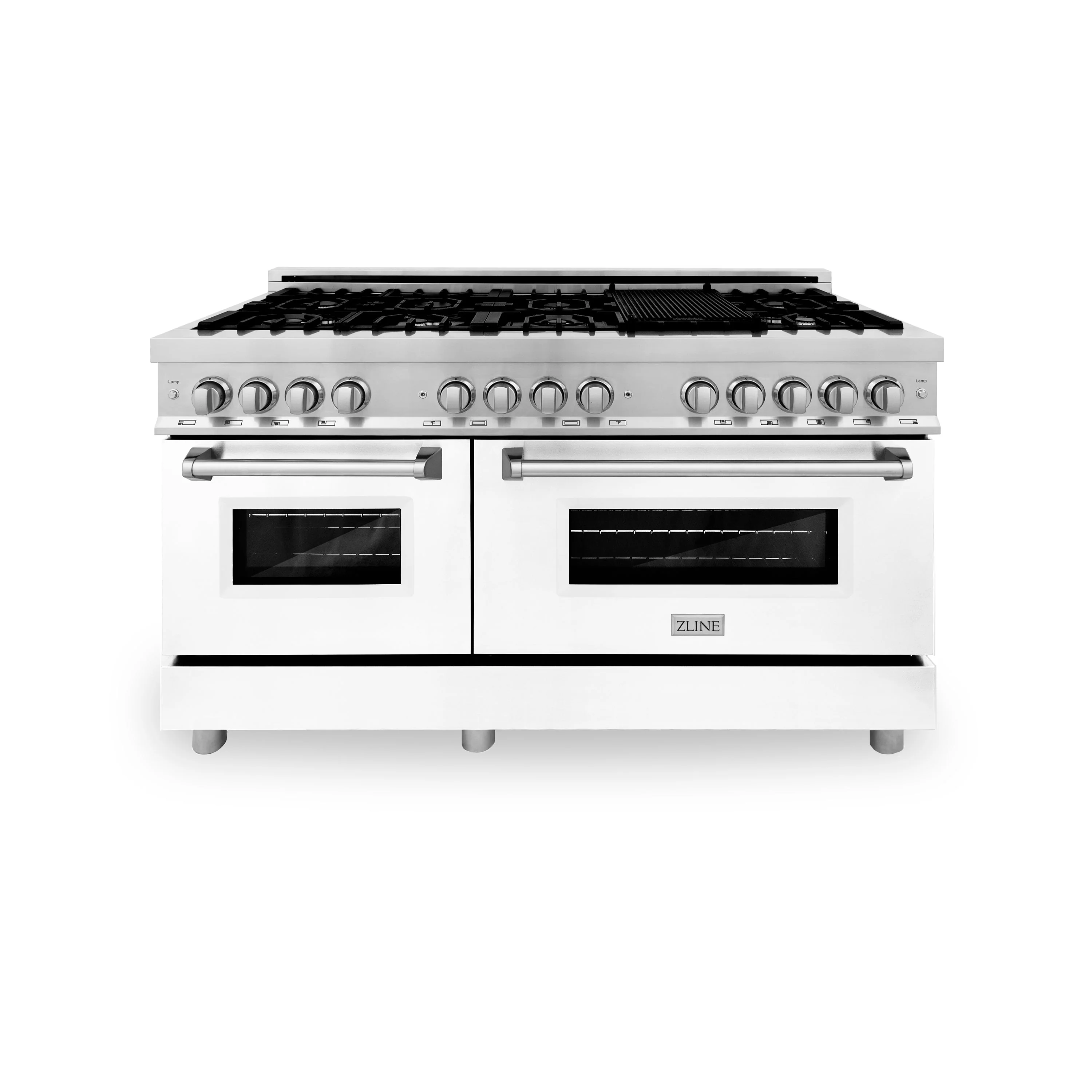 ZLINE 60 in. 7.4 cu. ft. Legacy Dual Fuel Range with 9 Burner Gas Cooktop and 2 Electric Convection Ovens in Stainless Steel with Griddle and White Matte Doors (RA-WM-GR-60) - Image 2