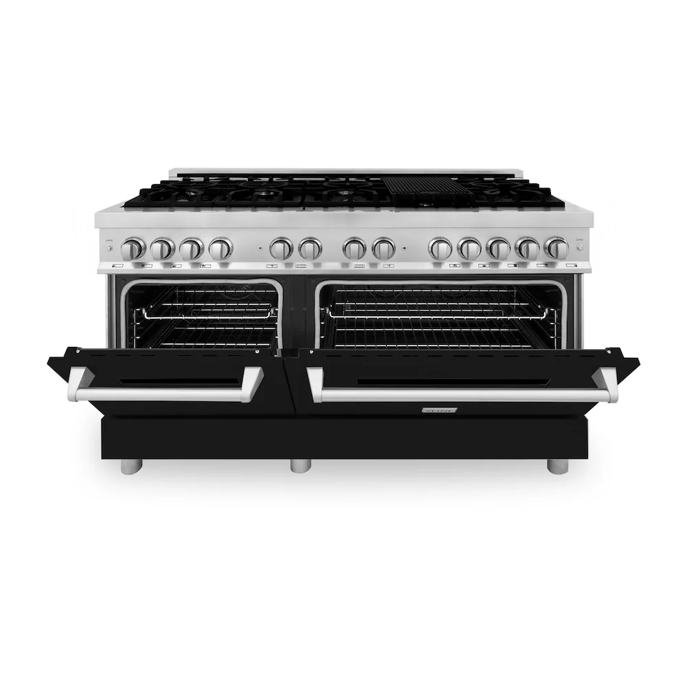 ZLINE 60 in. 7.4 cu. ft. Legacy Dual Fuel Range with 9 Burner Gas Cooktop and 2 Electric Convection Ovens in Stainless Steel and Black Matte Doors (RA-BLM-60) - Image 3