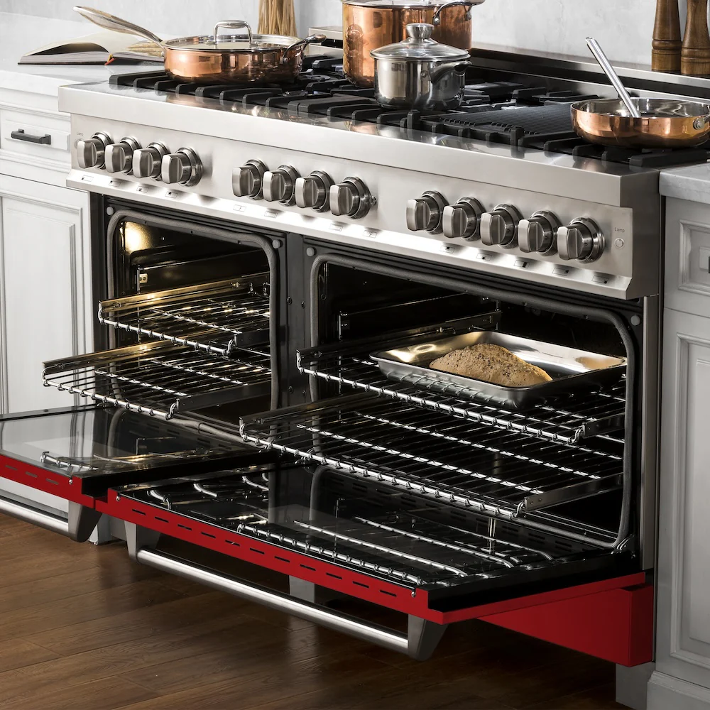 ZLINE 60 in. 7.4 cu. ft. Legacy Dual Fuel Range with 9 Burner Gas Cooktop and 2 Electric Convection Ovens in Stainless Steel and Red Gloss Doors (RA-RG-60) - Image 10