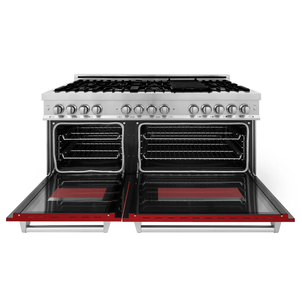 ZLINE 60 in. 7.4 cu. ft. Legacy Dual Fuel Range with 9 Burner Gas Cooktop and 2 Electric Convection Ovens in Stainless Steel and Red Gloss Doors (RA-RG-60) - Image 4