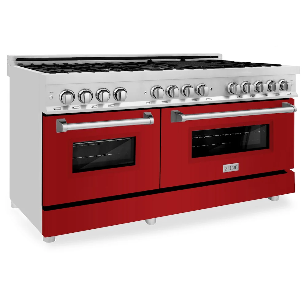 ZLINE 60 in. 7.4 cu. ft. Legacy Dual Fuel Range with 9 Burner Gas Cooktop and 2 Electric Convection Ovens in Stainless Steel and Red Gloss Doors (RA-RG-60) - Image 6