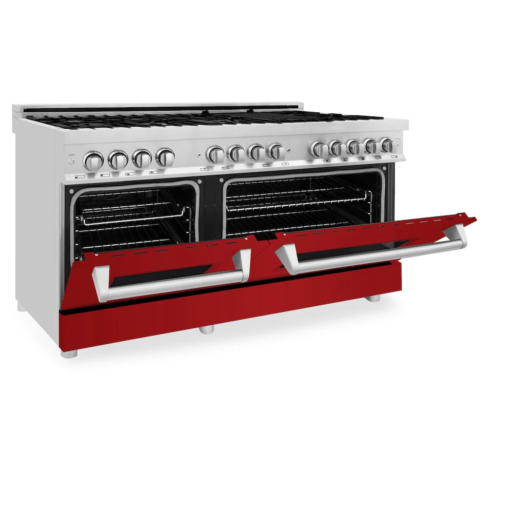 ZLINE 60 in. 7.4 cu. ft. Legacy Dual Fuel Range with 9 Burner Gas Cooktop and 2 Electric Convection Ovens in Stainless Steel and Red Gloss Doors (RA-RG-60) - Image 7