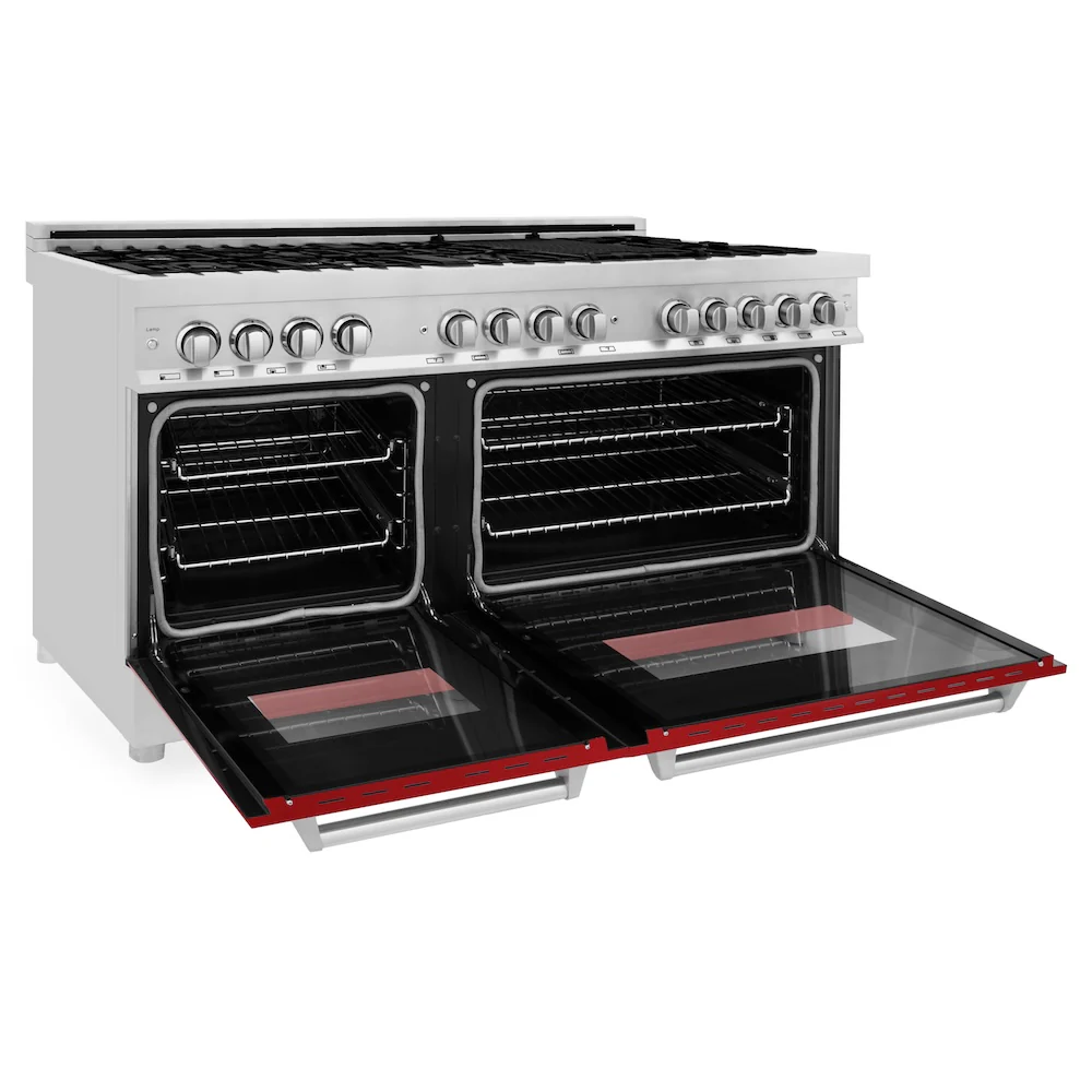 ZLINE 60 in. 7.4 cu. ft. Legacy Dual Fuel Range with 9 Burner Gas Cooktop and 2 Electric Convection Ovens in Stainless Steel and Red Gloss Doors (RA-RG-60) - Image 8