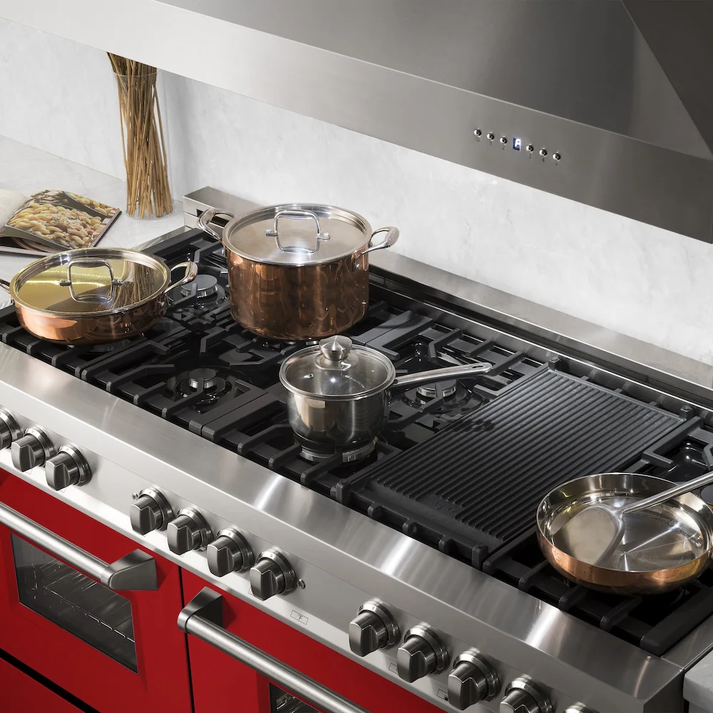 ZLINE 60 in. 7.4 cu. ft. Legacy Dual Fuel Range with 9 Burner Gas Cooktop and 2 Electric Convection Ovens in Stainless Steel and Red Gloss Doors (RA-RG-60) - Image 9