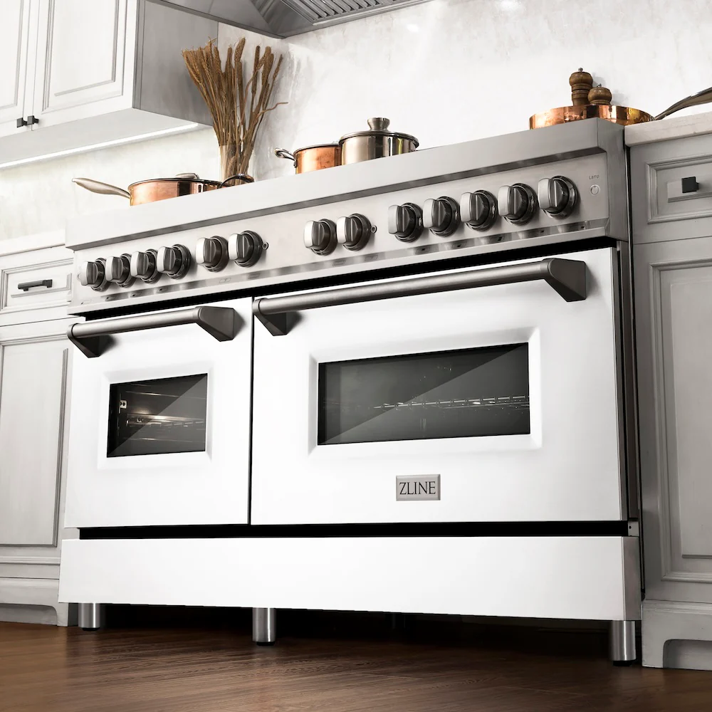 ZLINE 60 in. 7.4 cu. ft. Legacy Dual Fuel Range with 9 Burner Gas Cooktop and 2 Electric Convection Ovens in Stainless Steel and White Matte Doors (RA-WM-60) - Image 2