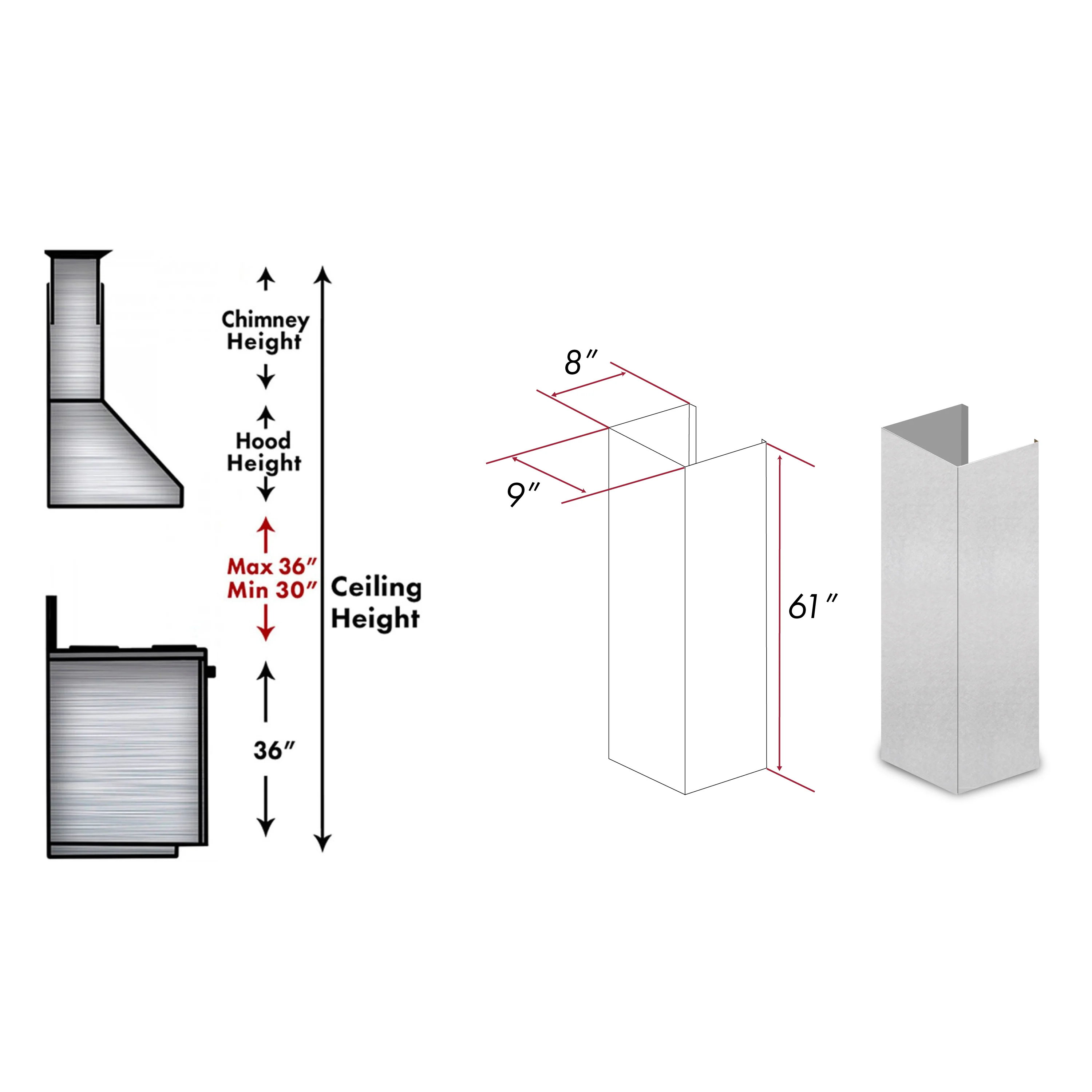 ZLINE 61 in. Satin Stainless Steel Chimney Extension for Ceilings up to 12.5 ft. (8KL3S-E) - Image 3