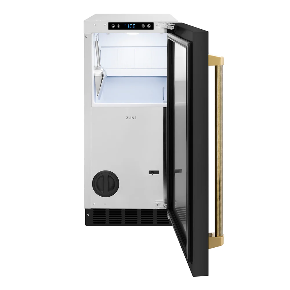 ZLINE Autograph Edition 15 in. Touchstone Gourmet Ice Maker with Drain Pump and Black Stainless Steel Door with Polished Gold Helix Handle (IGMDZ-BS-15-KG) - Image 3