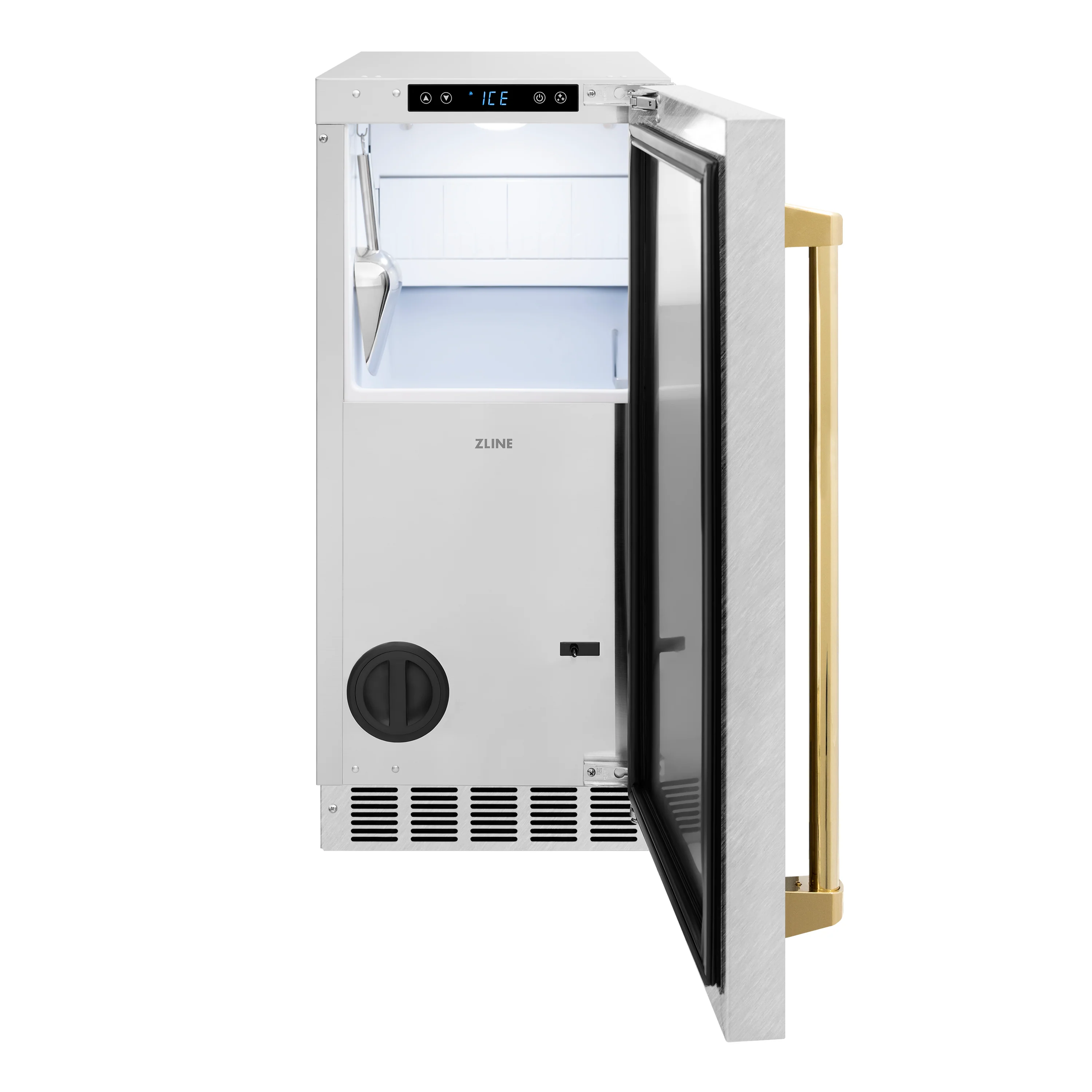 ZLINE Autograph Edition 15 in. Touchstone Gourmet Ice Maker with Drain Pump and Satin Stainless Steel Door with Polished Gold Handle (IGMDZ-SN-15-G) - Image 4