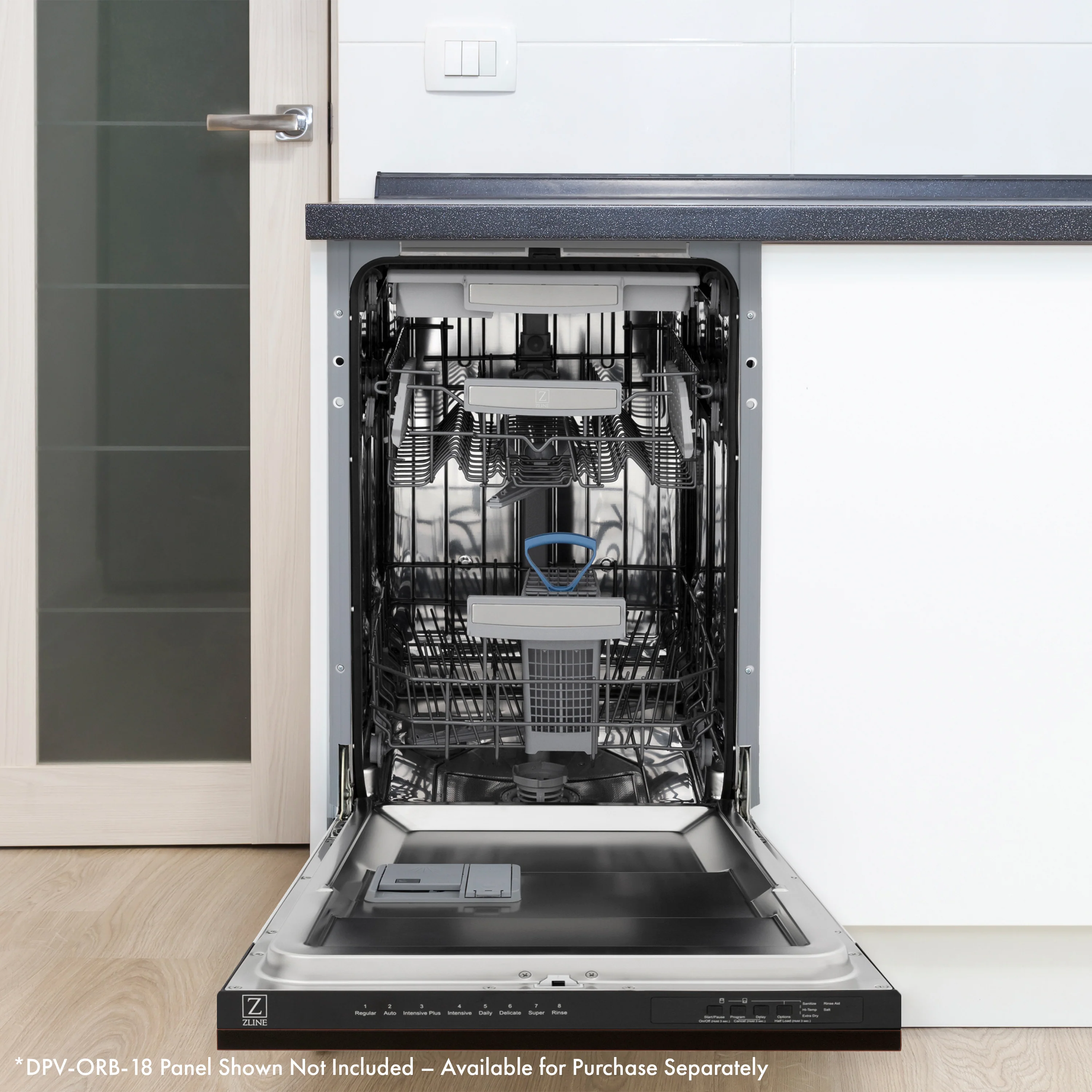 ZLINE Autograph Edition 18” Tallac Series 3rd Rack Top Control Dishwasher in Custom Panel Ready with Polished Gold Handle, 51dBa (DWVZ-18-G) - Image 13