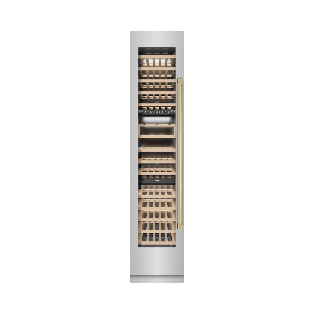 ZLINE Autograph Edition 18 in. 9.0 cu. ft. Triple Zone 68 Bottle Left Hinge Column Wine Cooler in Stainless Steel with Polished Gold Accents (RCWVLZ-30418-G) - Image 5