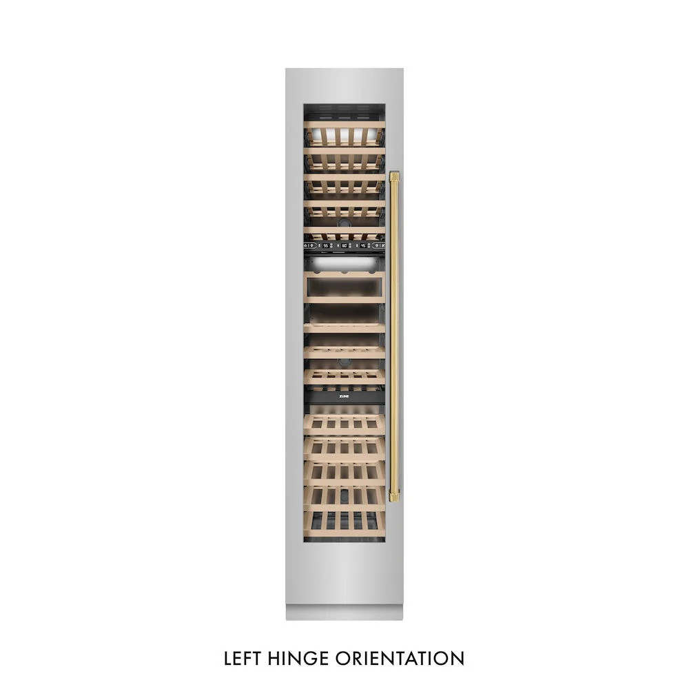 ZLINE Autograph Edition 18 in. 9.0 cu. ft. Triple Zone 68 Bottle Left Hinge Column Wine Cooler in Stainless Steel with Polished Gold Accents (RCWVLZ-30418-G) - Image 6