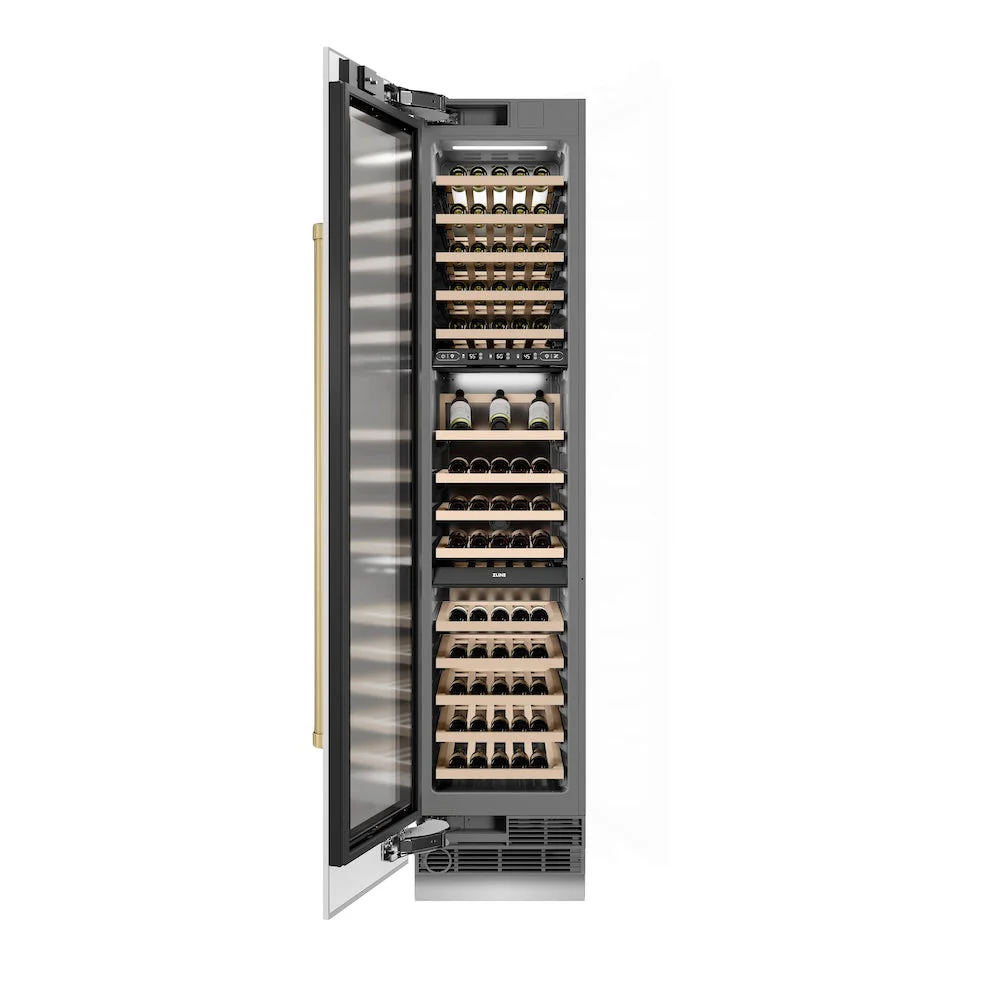 ZLINE Autograph Edition 18 in. 9.0 cu. ft. Triple Zone 68 Bottle Left Hinge Column Wine Cooler in White Matte with Champagne Bronze Accents (RCWVLZ-WM-18-CB) - Image 4