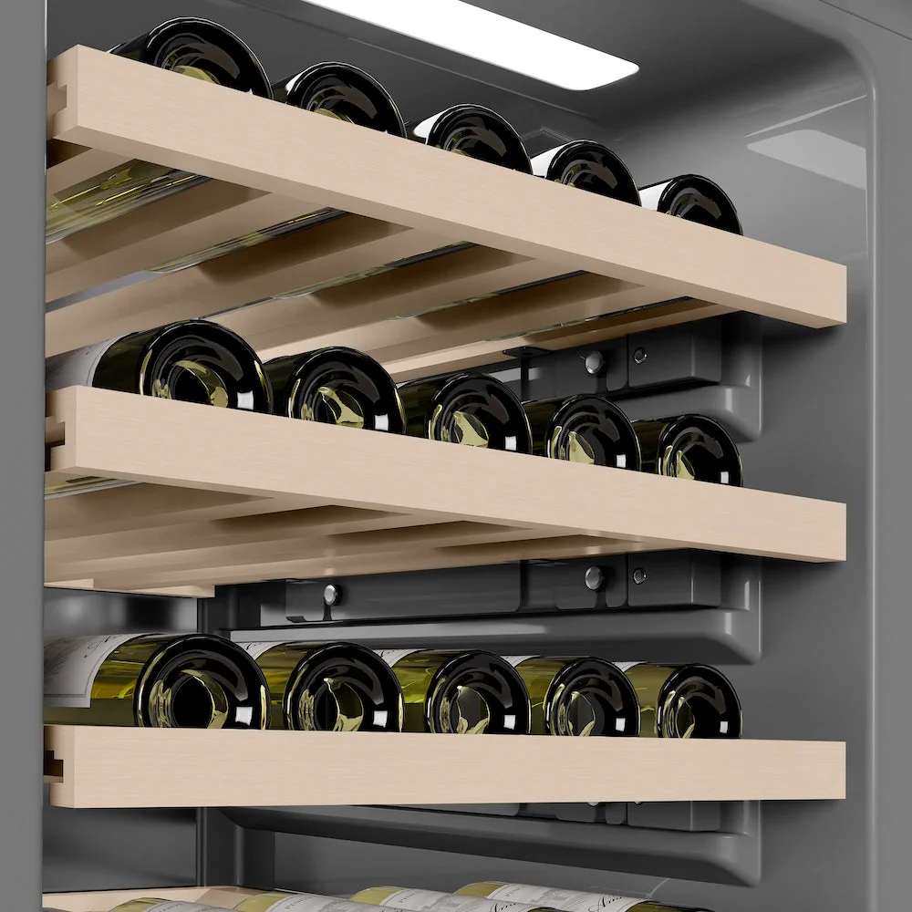 ZLINE Autograph Edition 18 in. 9.0 cu. ft. Triple Zone 68 Bottle Left Hinge Column Wine Cooler in White Matte with Champagne Bronze Accents (RCWVLZ-WM-18-CB) - Image 8