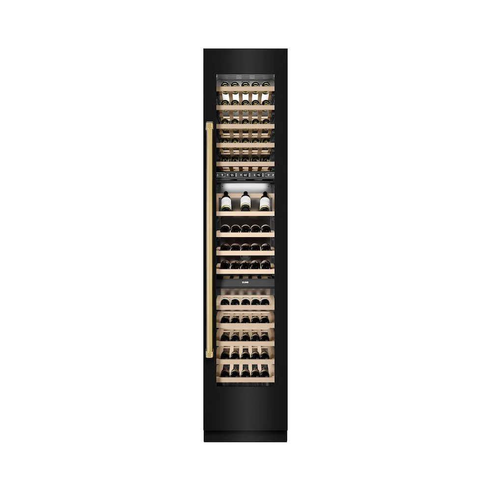 ZLINE Autograph Edition 18 in. 9.0 cu. ft. Triple Zone 68 Bottle Right Hinge Column Wine Cooler in Black Stainless Steel with Polished Gold Accents (RCWVRZ-BS-18-G) - Image 2