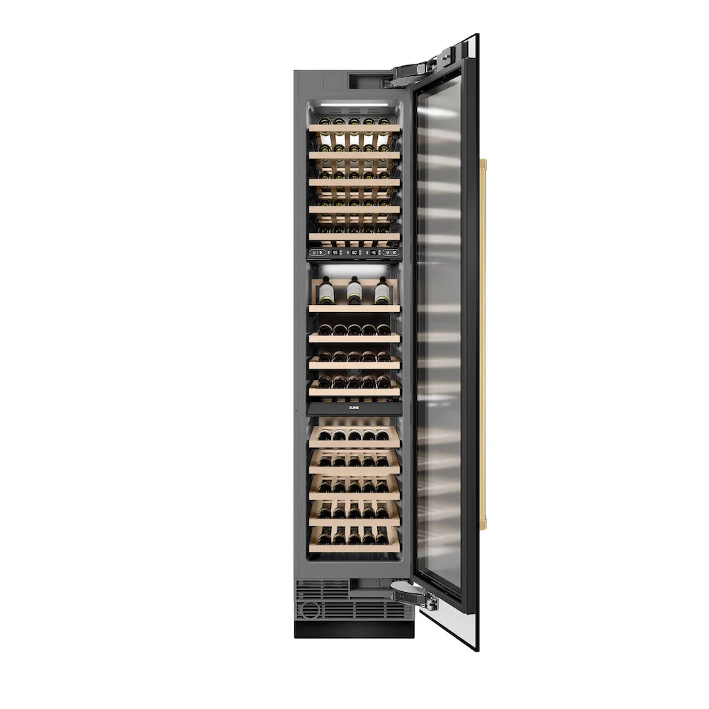 ZLINE Autograph Edition 18 in. 9.0 cu. ft. Triple Zone 68 Bottle Right Hinge Column Wine Cooler in Black Stainless Steel with Polished Gold Accents (RCWVRZ-BS-18-G) - Image 4