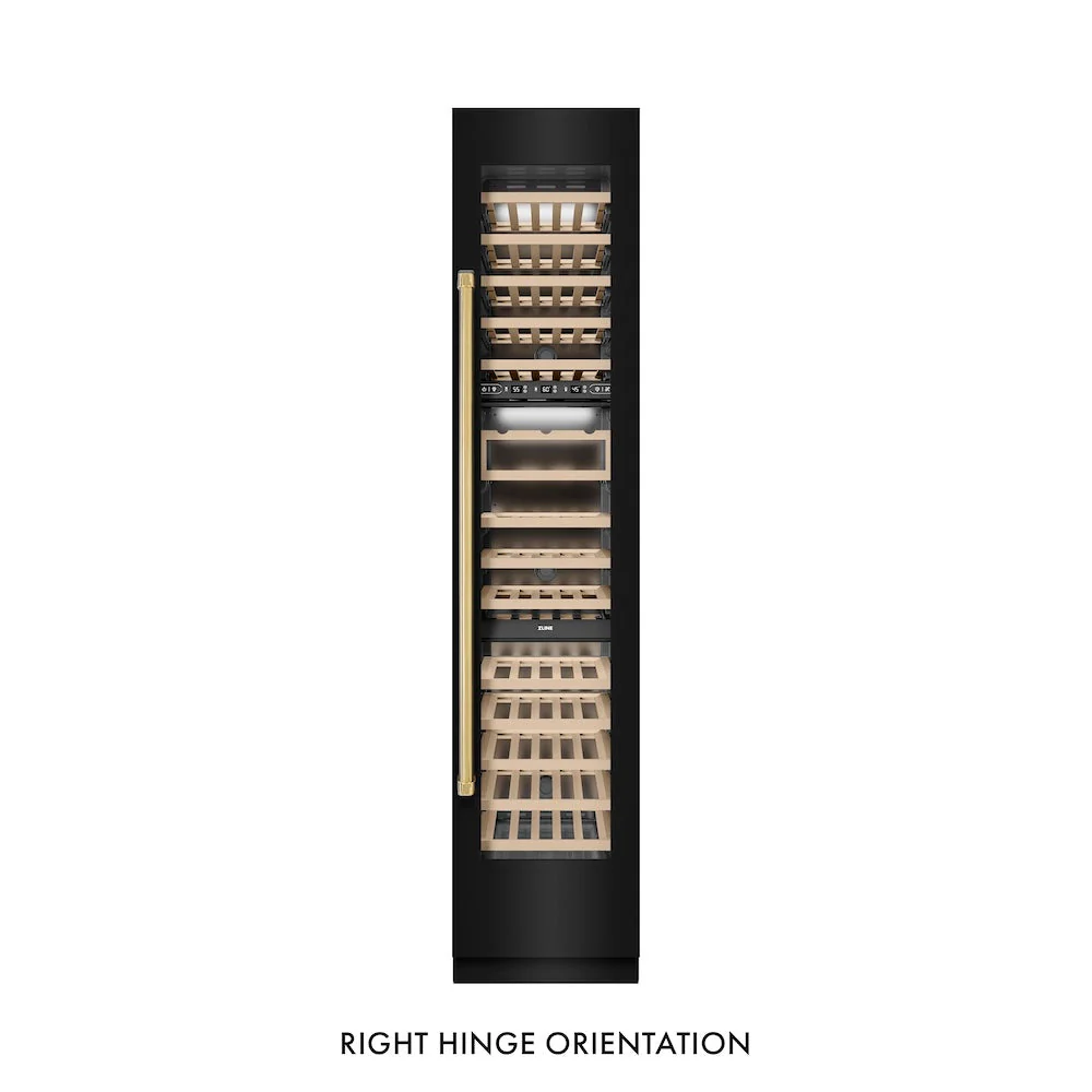 ZLINE Autograph Edition 18 in. 9.0 cu. ft. Triple Zone 68 Bottle Right Hinge Column Wine Cooler in Black Stainless Steel with Polished Gold Accents (RCWVRZ-BS-18-G) - Image 6