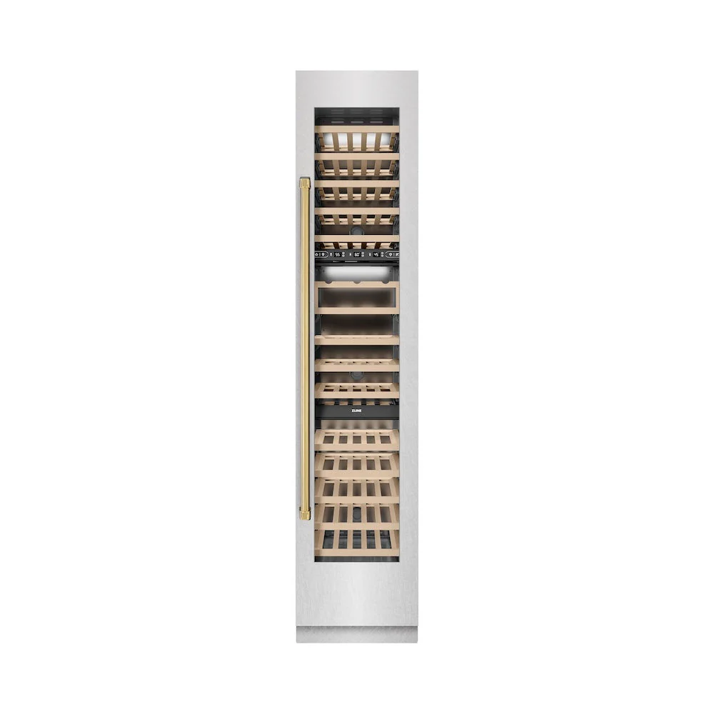 ZLINE Autograph Edition 18 in. 9.0 cu. ft. Triple Zone 68 Bottle Right Hinge Column Wine Cooler in Satin Stainless Steel with Polished Gold Accents (RCWVRZ-SN-18-G) - Image 5