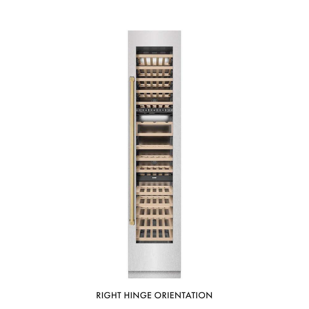 ZLINE Autograph Edition 18 in. 9.0 cu. ft. Triple Zone 68 Bottle Right Hinge Column Wine Cooler in Satin Stainless Steel with Polished Gold Accents (RCWVRZ-SN-18-G) - Image 7