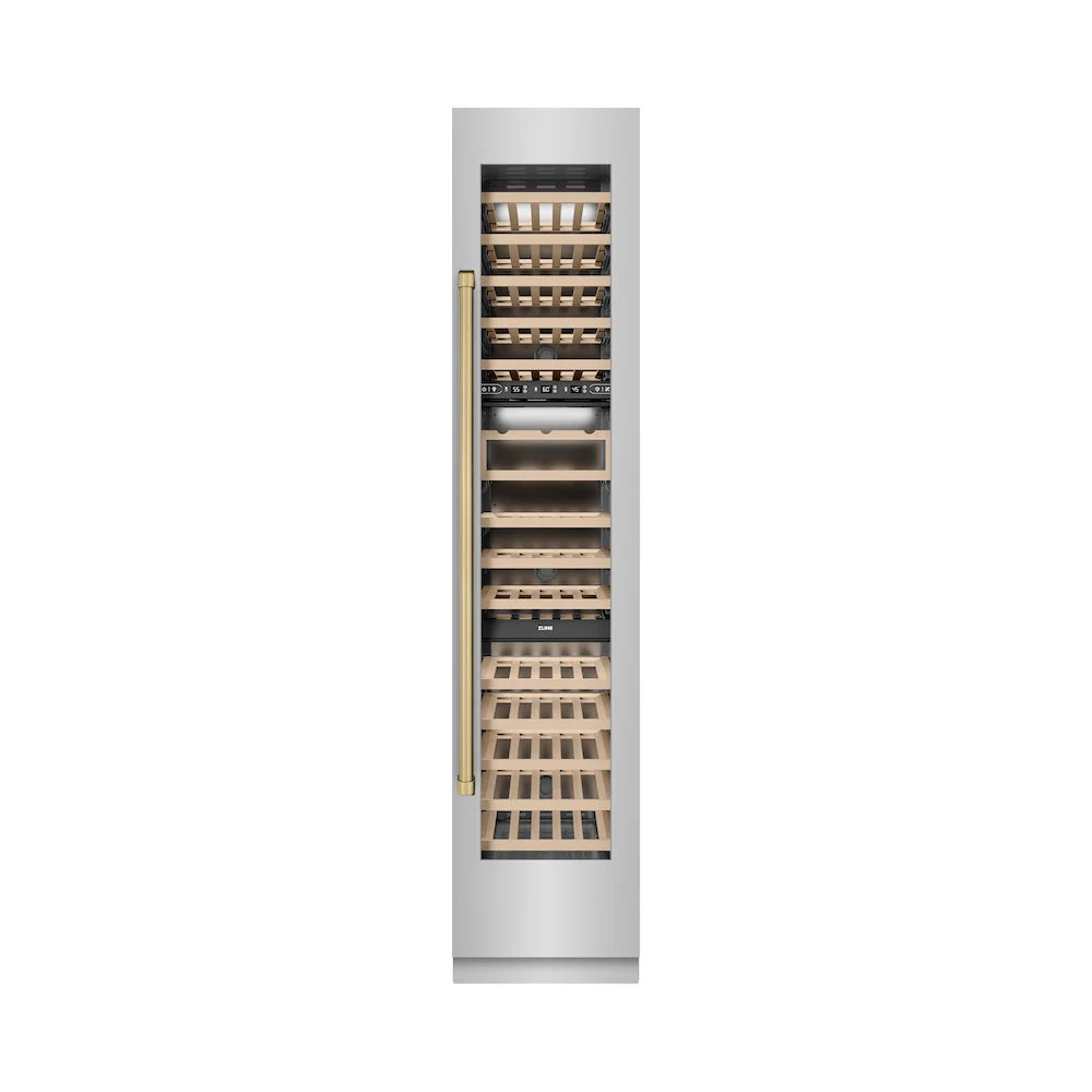 ZLINE Autograph Edition 18 in. 9.0 cu. ft. Triple Zone 68 Bottle Right Hinge Column Wine Cooler in Stainless Steel with Champagne Bronze Accents (RCWVRZ-30418-CB) - Image 5
