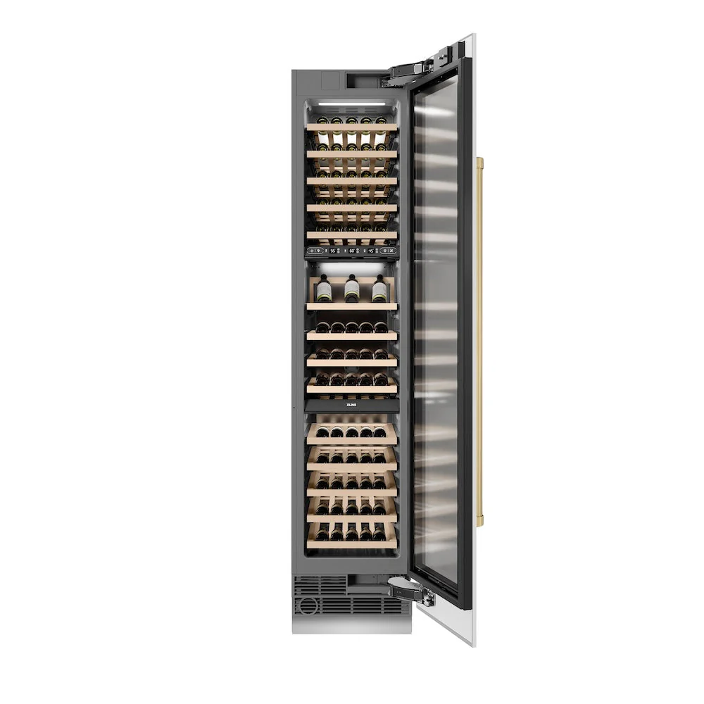 ZLINE Autograph Edition 18 in. 9.0 cu. ft. Triple Zone 68 Bottle Right Hinge Column Wine Cooler in White Matte with Champagne Bronze Accents (RCWVRZ-WM-18-CB) - Image 4
