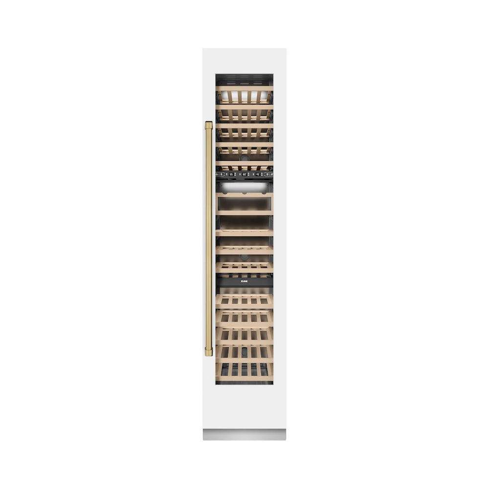 ZLINE Autograph Edition 18 in. 9.0 cu. ft. Triple Zone 68 Bottle Right Hinge Column Wine Cooler in White Matte with Champagne Bronze Accents (RCWVRZ-WM-18-CB) - Image 5