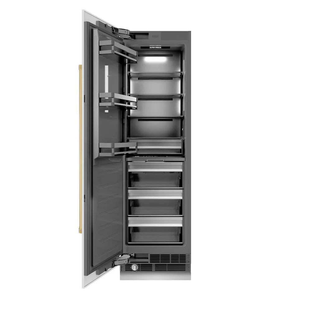 ZLINE Autograph Edition 24 in. 12.4 cu. ft. Column Freezer in White Matte with Graphite Gray Interior and Polished Gold Accents (RCFVZ-WM-24-G)
