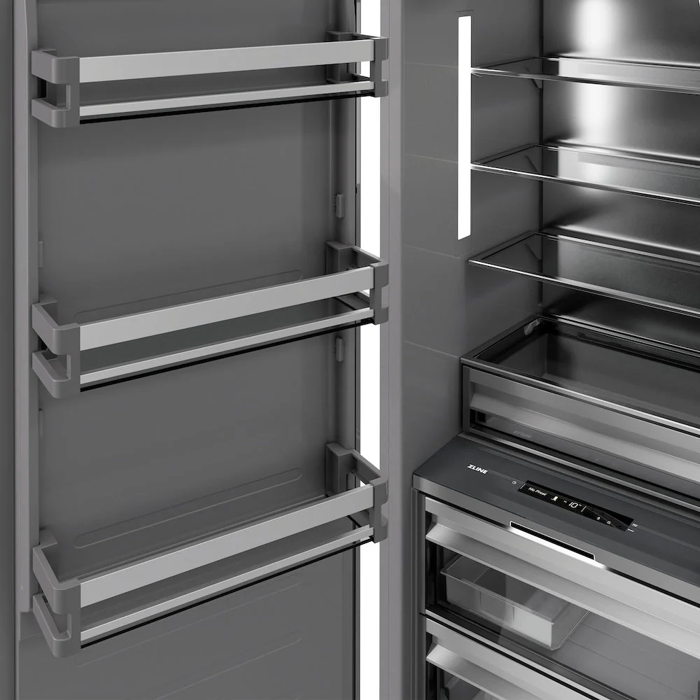 ZLINE Autograph Edition 24 in. 12.4 cu. ft. Column Freezer in White Matte with Graphite Gray Interior and Polished Gold Accents (RCFVZ-WM-24-G) - Image 11