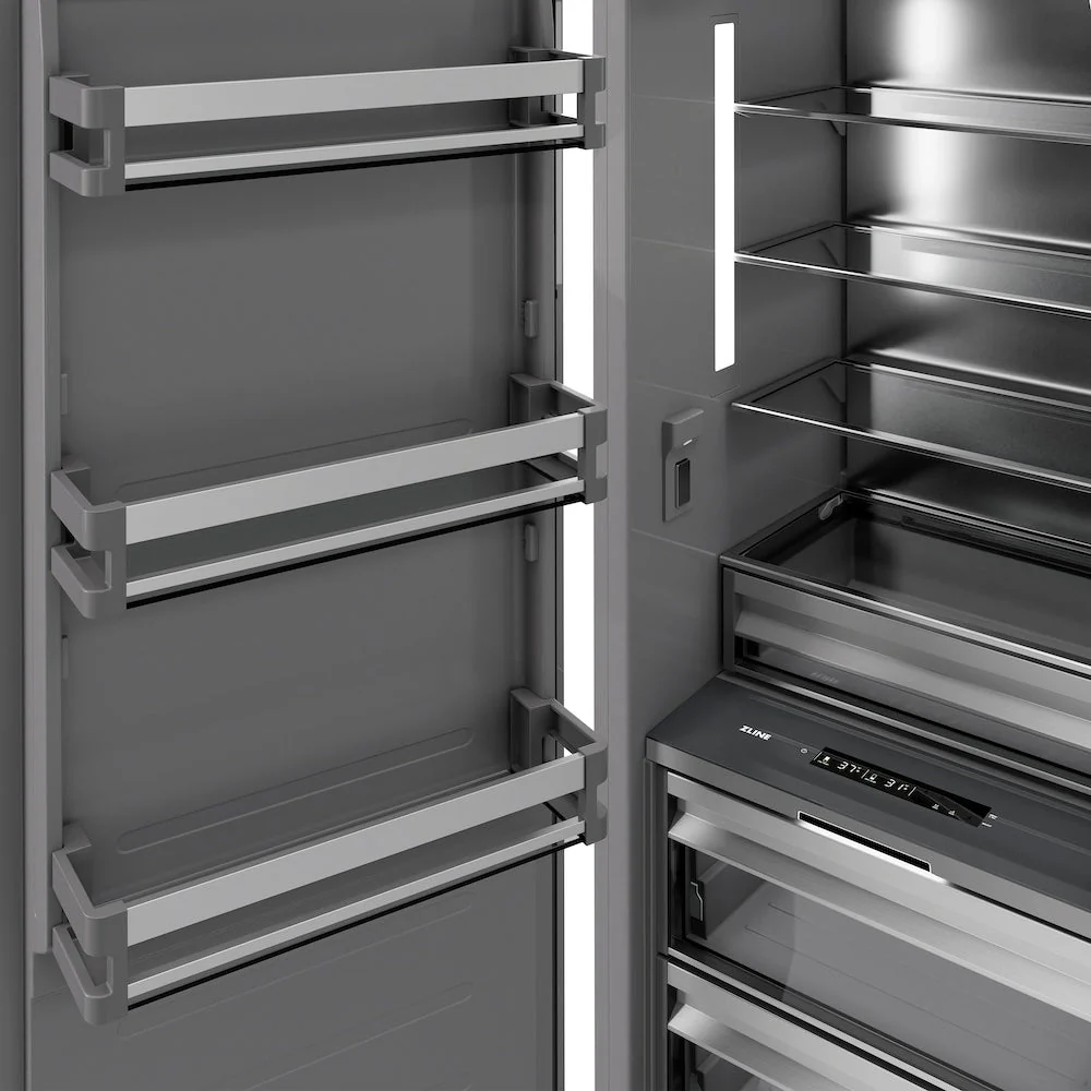 ZLINE Autograph Edition 24 in. 12.5 cu. ft. Column Refrigerator in White Matte with Graphite Gray Interior and Polished Gold Accents (RCRVZ-WM-24-G) - Image 9