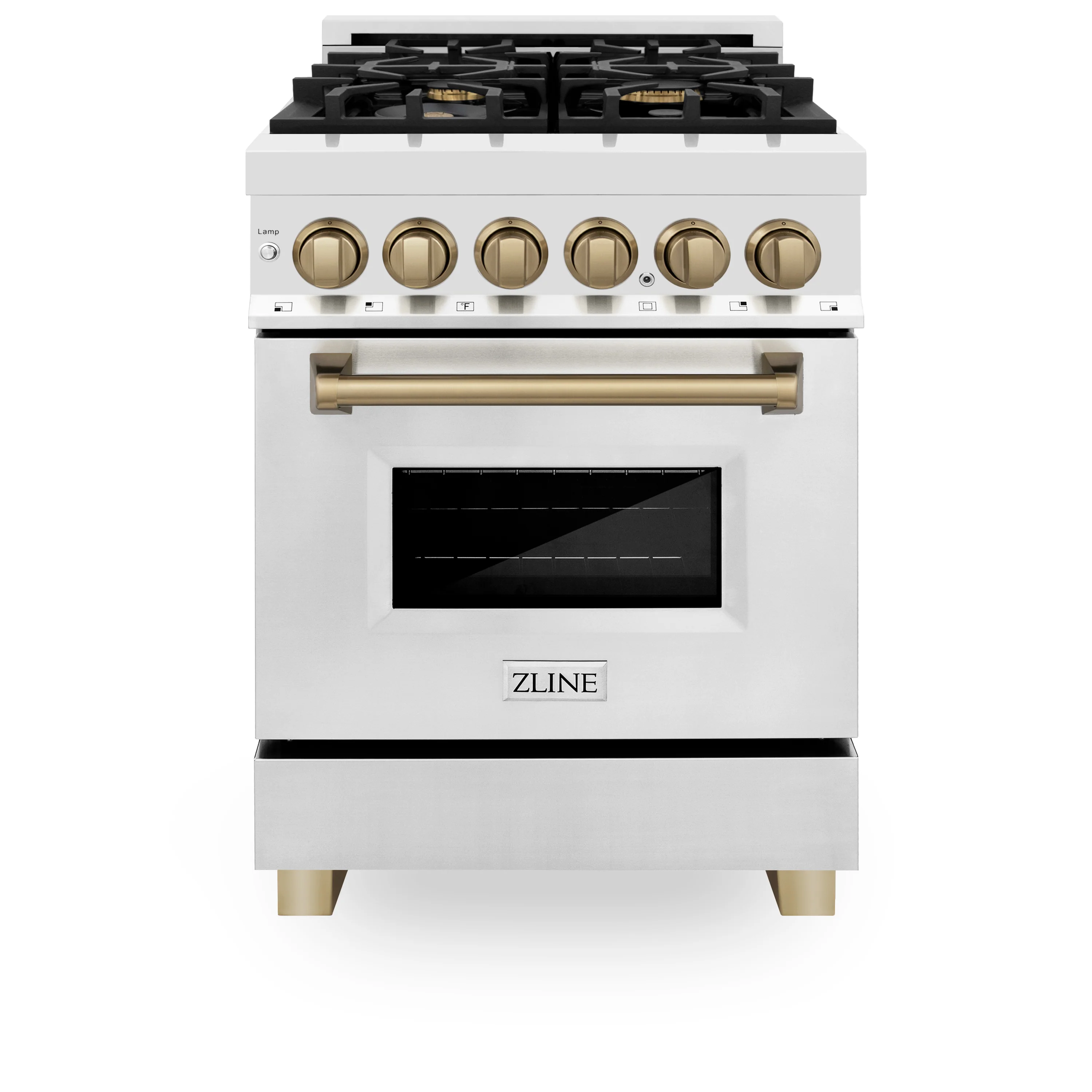 ZLINE Autograph Edition 24 in. 2.8 cu. ft. Legacy Dual Fuel Range with 4 Burner Gas Cooktop and Electric Convection Oven in Stainless Steel and Champagne Bronze Accents, Open Box-Great Condition - Image 4