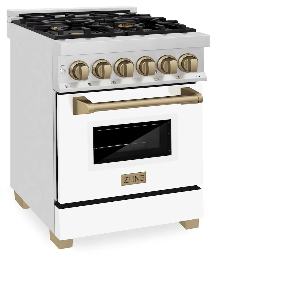 ZLINE Autograph Edition 24 in. 2.8 cu. ft. Legacy Dual Fuel Range with 4 Burner Gas Cooktop and Electric Convection Oven in Stainless Steel with White Matte Door and Champagne Bronze Accents, Open Box-Great Condition - Image 4