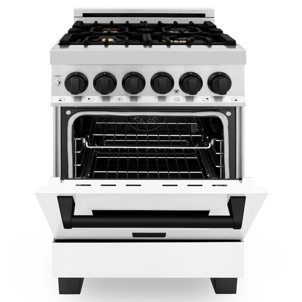 ZLINE Autograph Edition 24 in. 2.8 cu. ft. Legacy Dual Fuel Range with 4 Burner Gas Cooktop and Electric Convection Oven in Stainless Steel with White Matte Door and Matte Black Accents, Open Box-Great Condition - Image 7