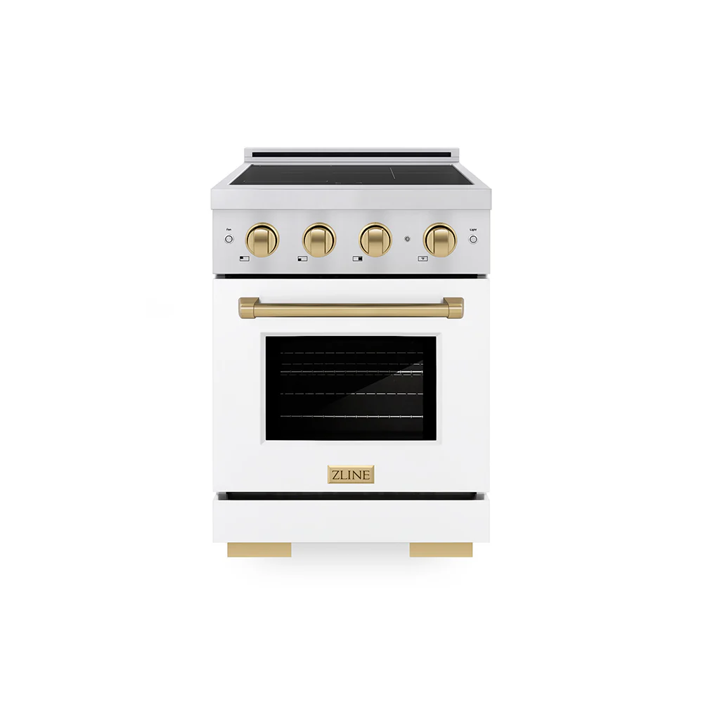 ZLINE Autograph Edition 24 in. 3.2 cu. ft. Paramount Induction Range with 3 Element Cooktop and Electric Convection Oven in Stainless Steel with White Matte Door and Champagne Bronze Accents, Open Box-Great Condition