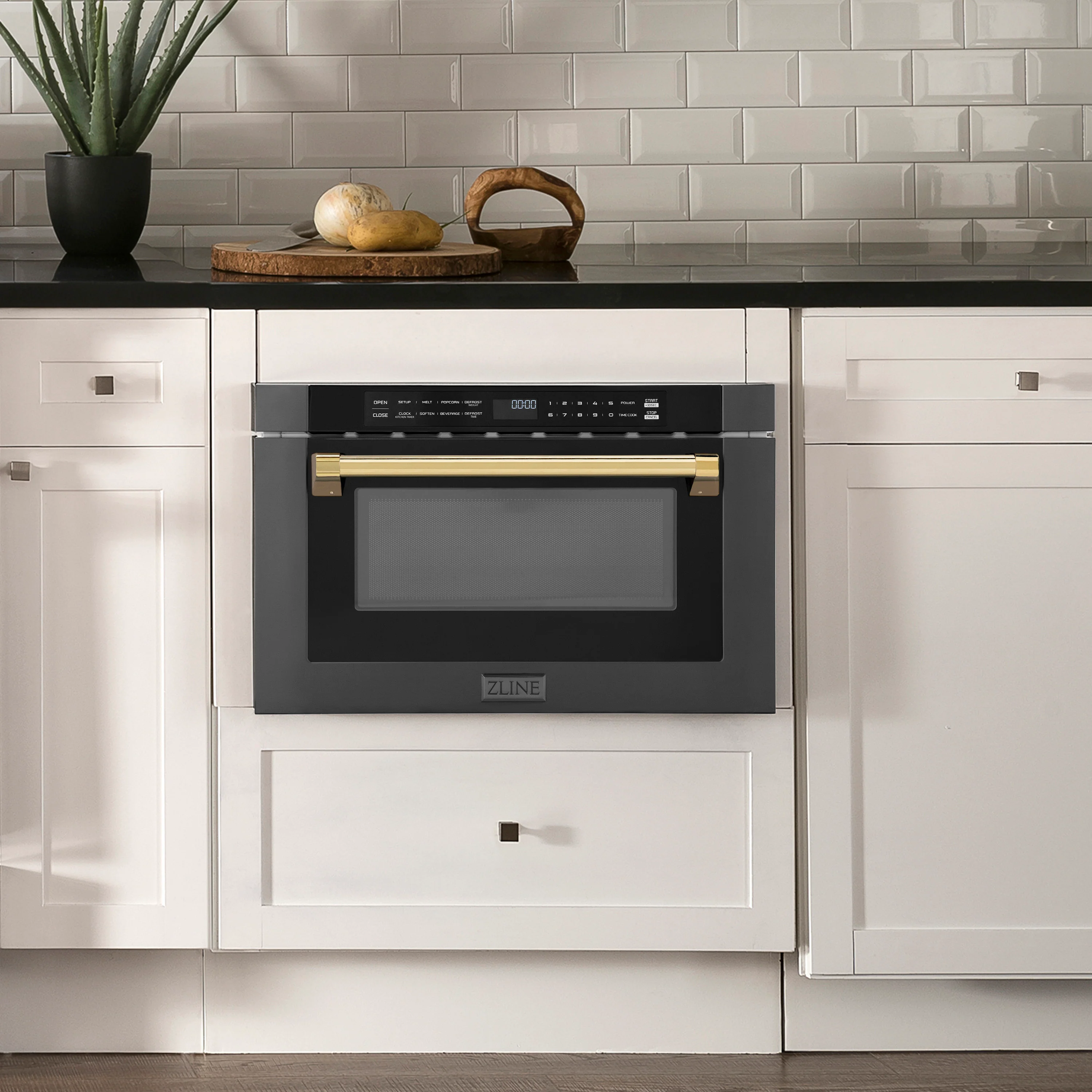 ZLINE Autograph Edition 24" 1.2 cu. ft. Built-in Microwave Drawer in Black Stainless Steel and Polished Gold  Accents (MWDZ-1-BS-H-G) - Image 8