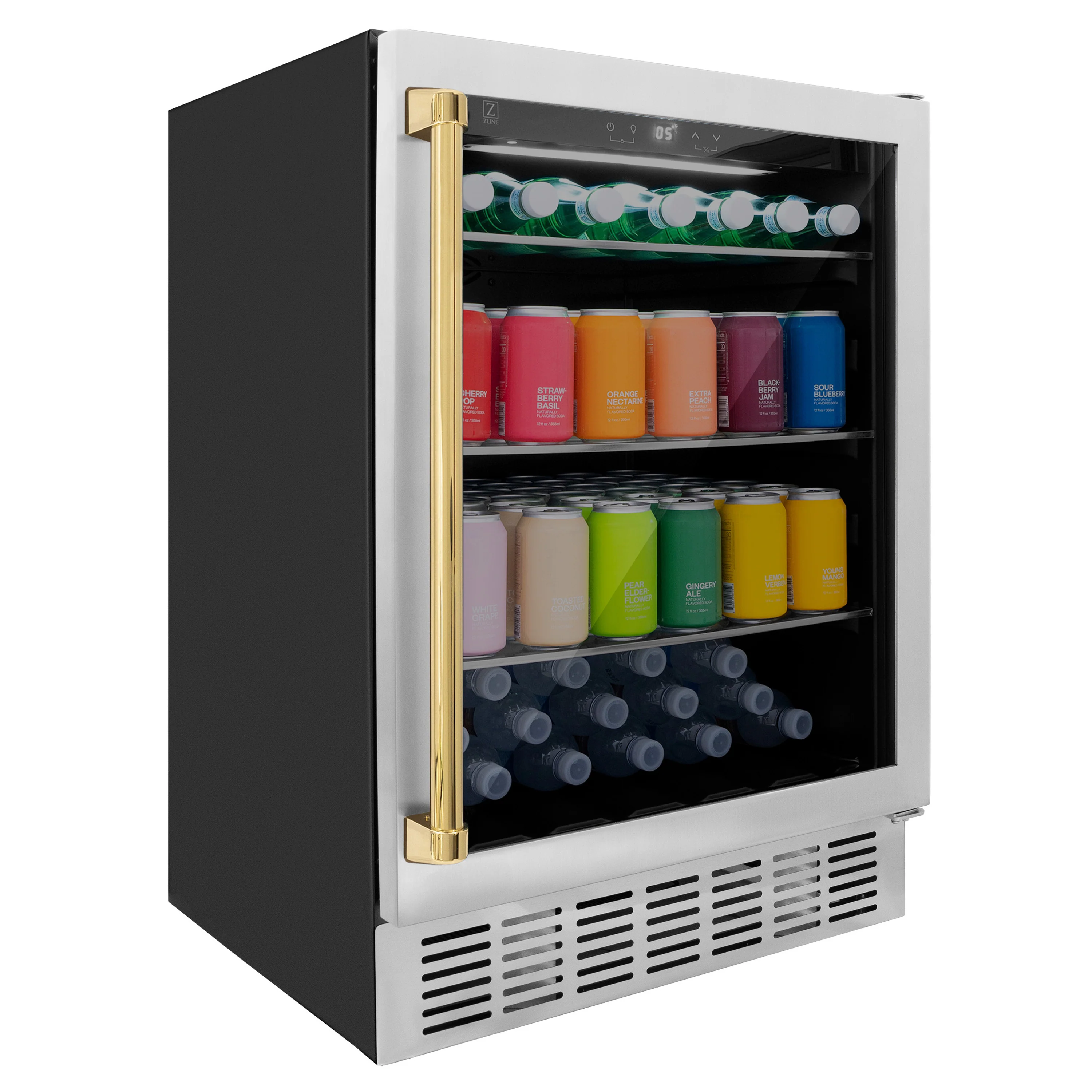 ZLINE 24" Autograph Edition 154 Can Beverage Cooler Fridge with Adjustable Shelves in Stainless Steel with Polished Gold Accents (RBVZ-US-24-G) - Image 11
