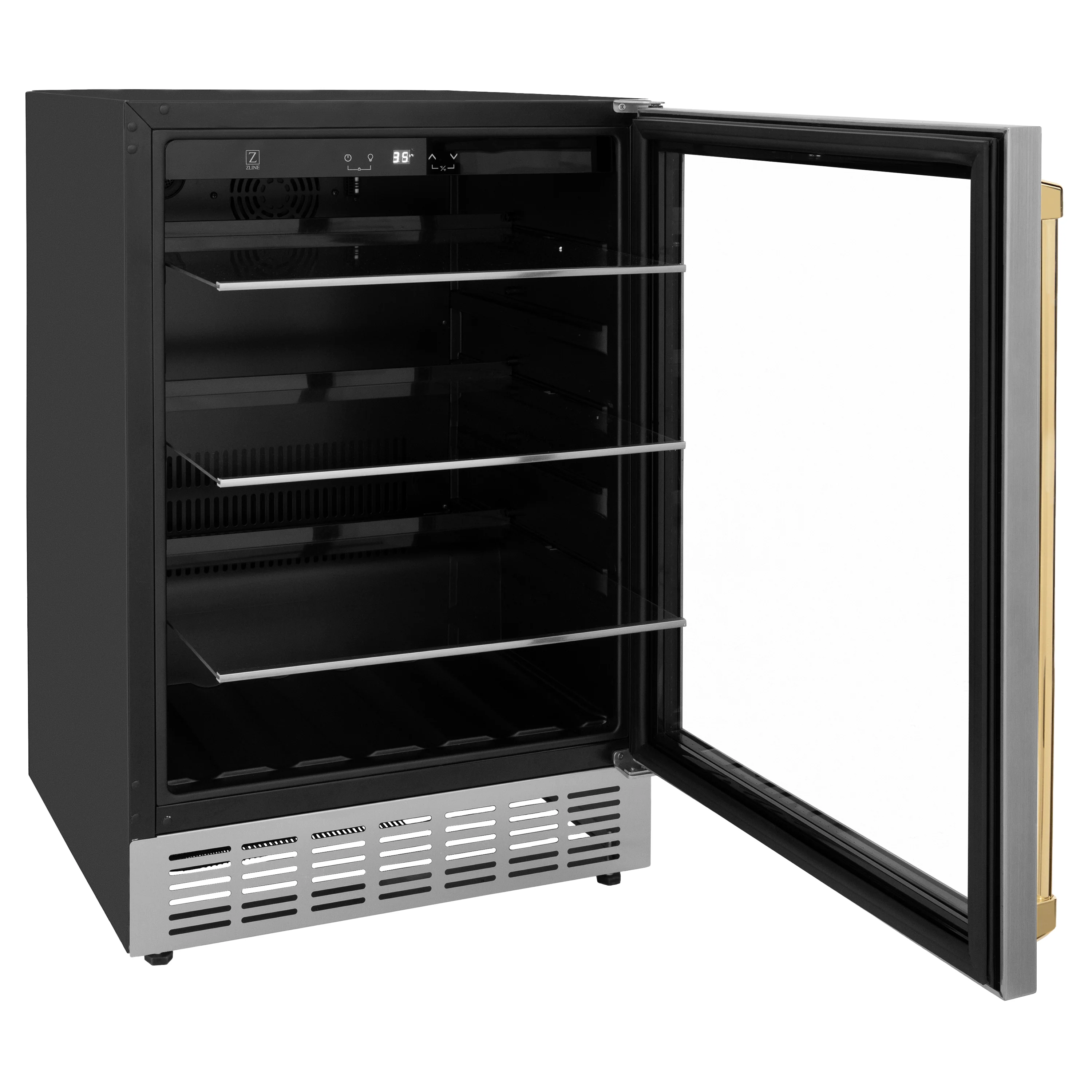 ZLINE 24" Autograph Edition 154 Can Beverage Cooler Fridge with Adjustable Shelves in Stainless Steel with Polished Gold Accents (RBVZ-US-24-G) - Image 5