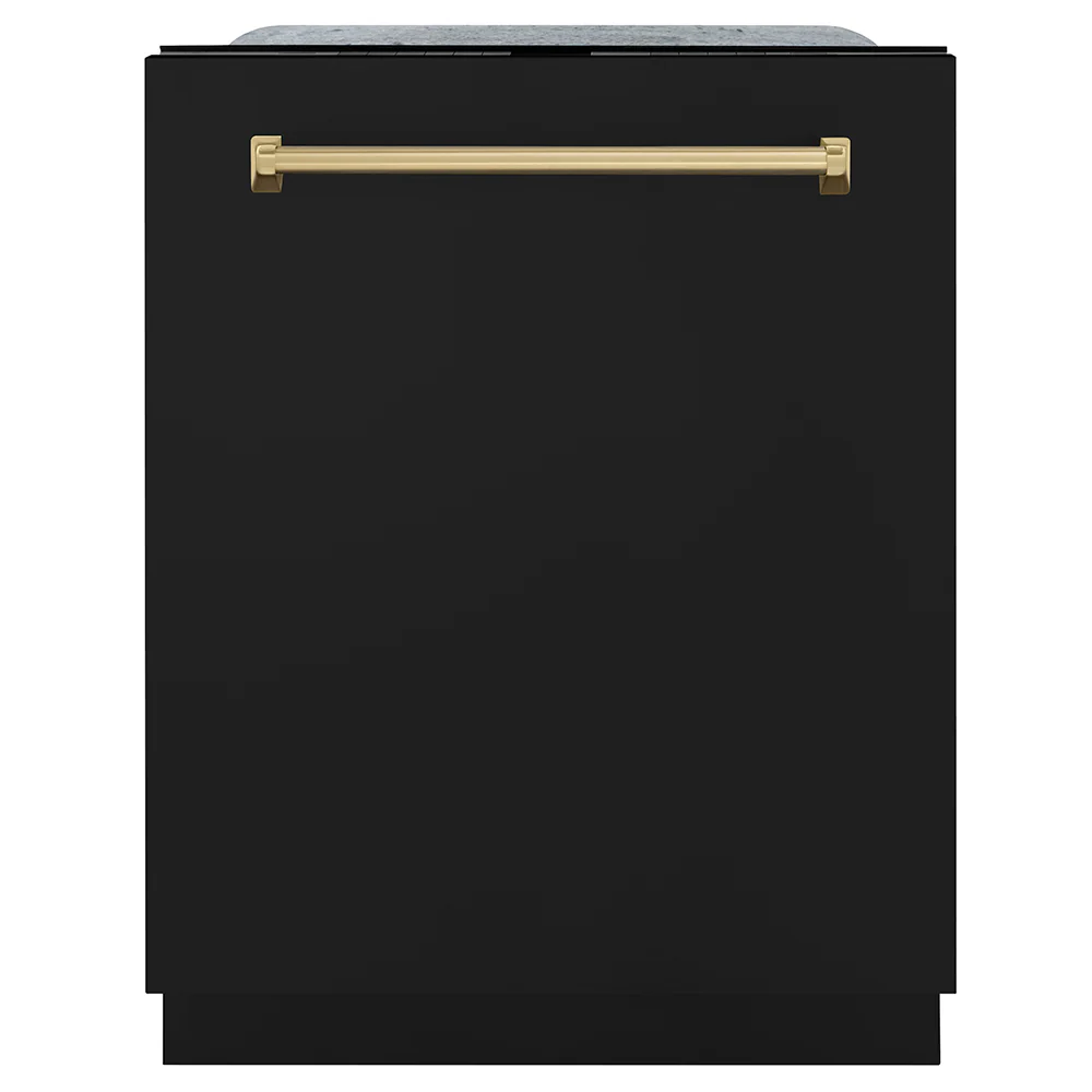 ZLINE Autograph Edition 24 in. Monument Series 3rd Rack Dishwasher with Auto Door Open Drying, 44dBa, Black Matte Panel with Champagne Bronze Handle (DWMTZ-BLM-24-CB)