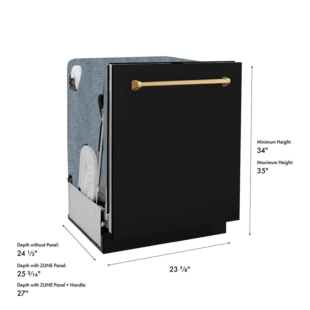 ZLINE Autograph Edition 24 in. Monument Series 3rd Rack Dishwasher with Auto Door Open Drying, 44dBa, Black Matte Panel with Champagne Bronze Handle (DWMTZ-BLM-24-CB) - Image 20