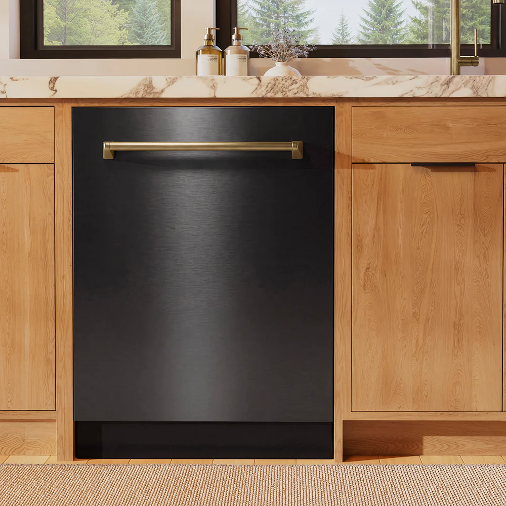ZLINE Autograph Edition 24 in. Monument Series 3rd Rack Dishwasher with Auto Door Open Drying, 44dBa, Black Stainless Steel Panel with Champagne Bronze Handle (DWMTZ-BS-24-CB) - Image 2